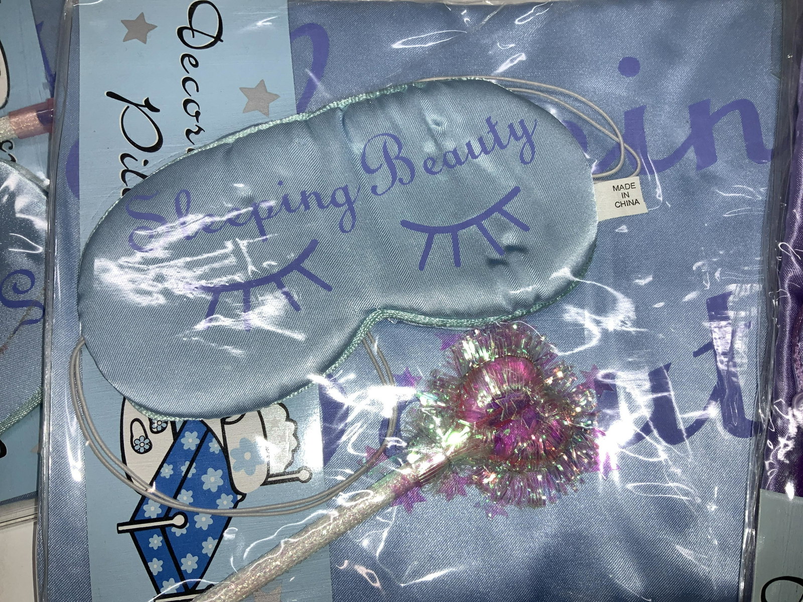 Set 3 Girl Junk Slumber Party Accessories, NIP: Fun Bedding accessories for girls, unopened packages of sateen style fabric pillowcases, eye mask and glitter pen. 2 in blue, 1 in purple. Writing on pillowcase and mask reads SLEEPING BEAUTY. girl’