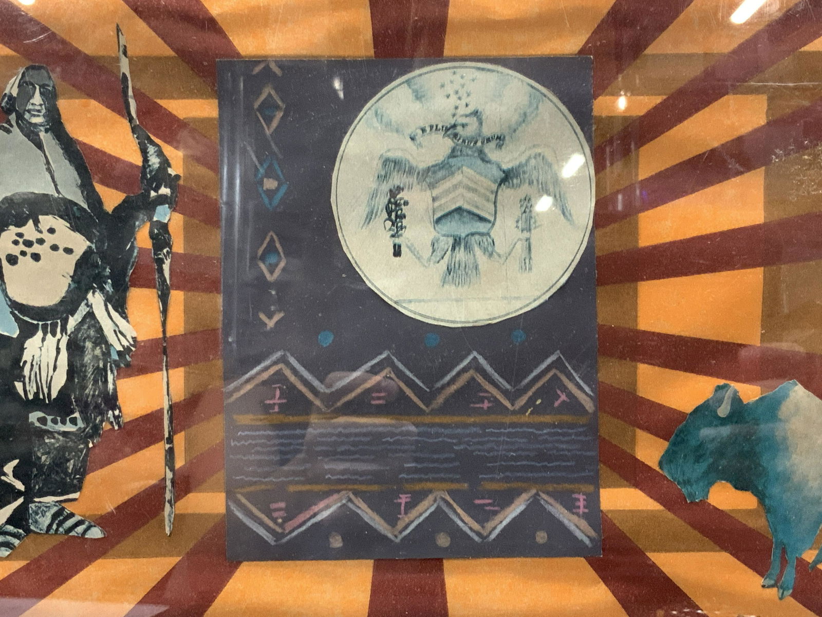 Signed B. Heling Native American Collage: Signed on lower right corner, B.Heling. framed collage that depicts a Native American man on the left and a Buffalo to the right, flanking the original concept of the untied states Seal. Approximately