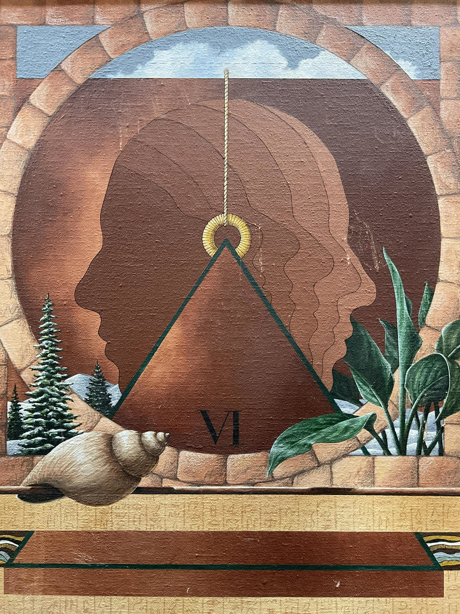 Surrealist Acrylic Painting on Canvas: Surrealist Acrylic Painting on Canvas, no apparent inscriptions or signatures, not examined out of frame, subject two faces within a clock accompanied by plants, a shell, and Egyptian hieroglyphs, mea