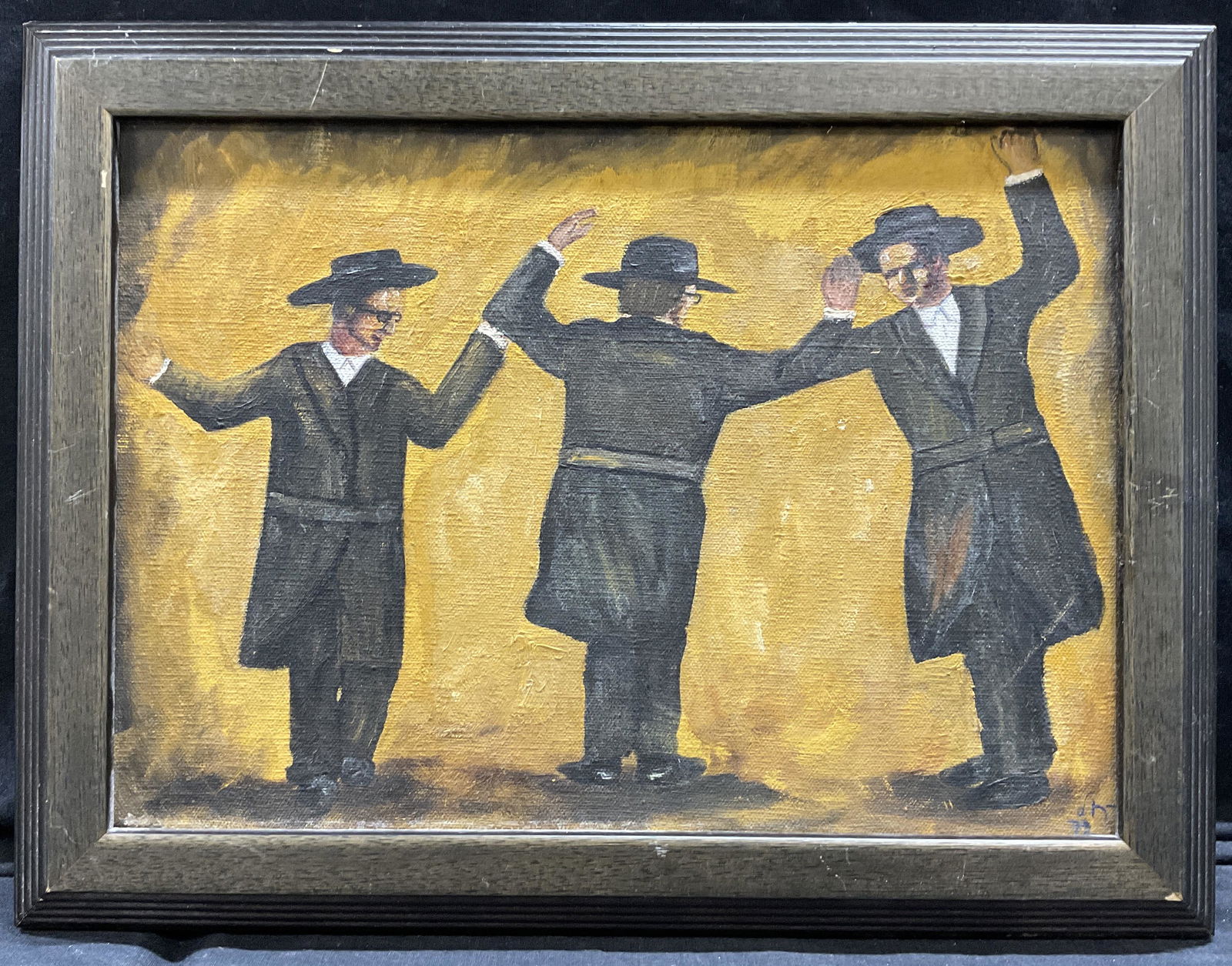 Signed Acrylic Painting of Three Jewish Men: Signed Acrylic on canvas Painting of Three Jewish Men, signature to lower right, date possibly reads ‘72’, label to reverse reads ‘Hudson River Picture Frames’, subject three men dancing, meas