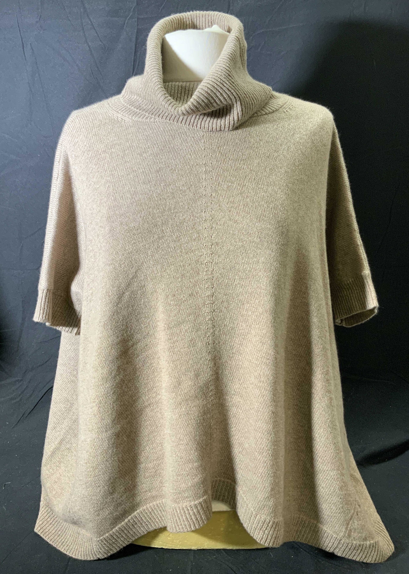 THEORY Beige Short Sleeve Boxy Cashmere Sweater: THEORY short sleeve boxy turtleneck sweater in beige. Size L. 100% cashmere. Gently worn. Property of Manhattan, NY Estate. Theory, ladies luxury designer fashion, ladies luxury designer sweater, ladi