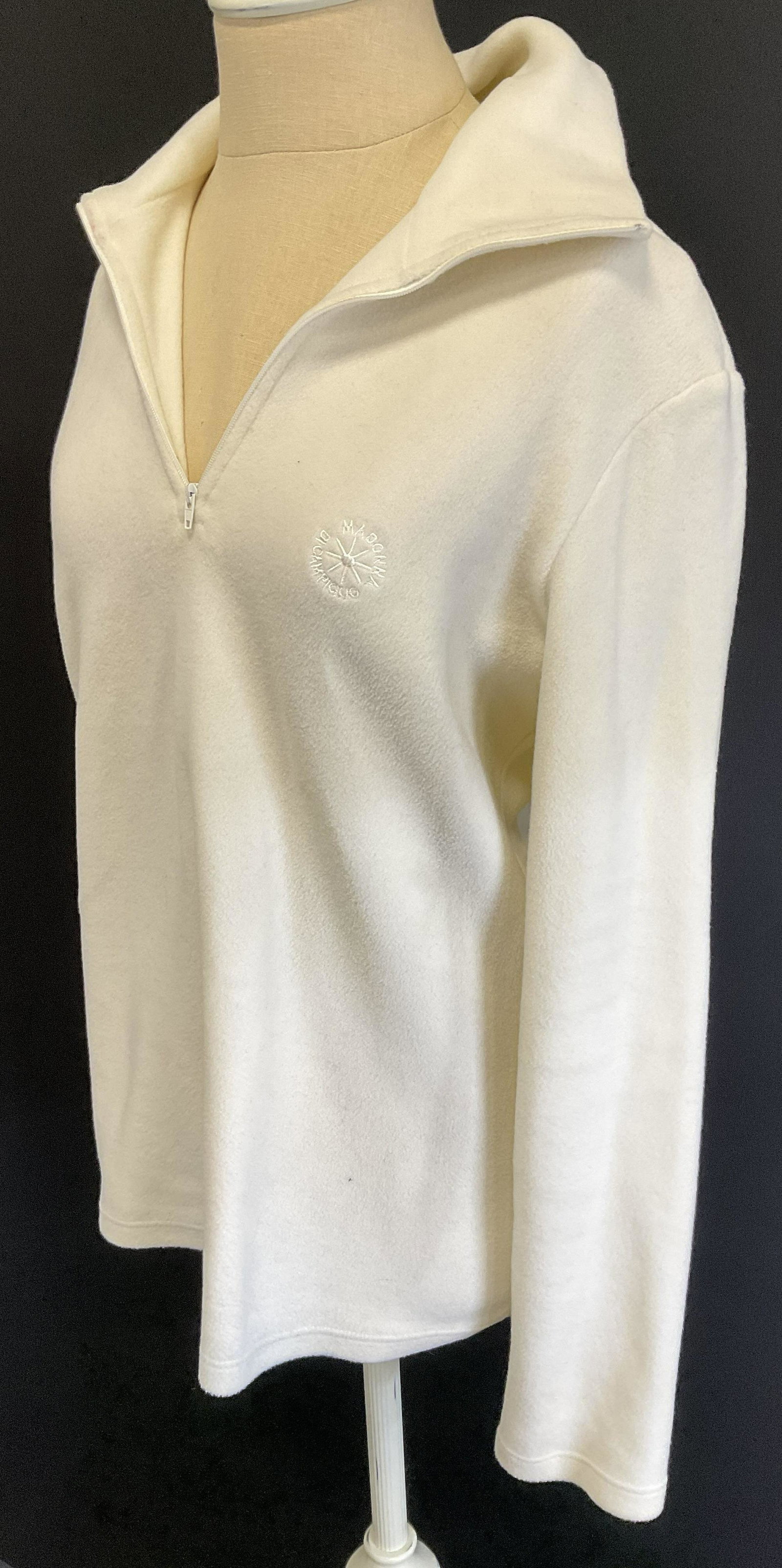 MADONNA DICAMPIGLIO Pullover Sweater, Italy: MADONNA DICAMPIGLIO Pullover Sweater. Labeled on chest ‘ MADONNA DICAMPIGLIO’. Inner label reads ‘made in Italy, size XL.’ Surface wear to piece consistent with age and use. Some stain to fabr