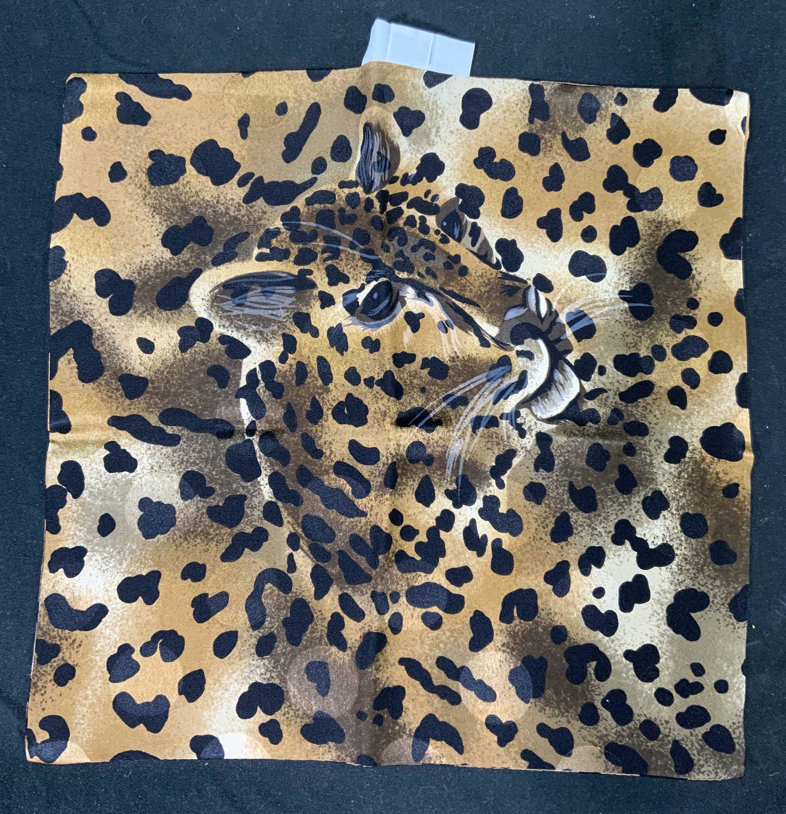 CYNTHIA ESPY Designer Leopard Motif Handkerchief: Cynthia Espy leopard motif hankie. 100% silk. Measures approx. 10 x 10 inches. In good condition. Cynthia espy, designer wearables, ladies designer accessories, ladies designer fashion accessories, la