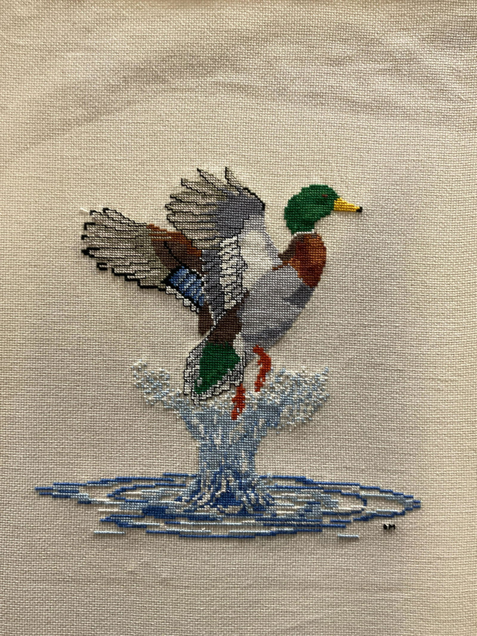 DM Initialed Cross-stitch of a Mallard Duck (1 of 5)