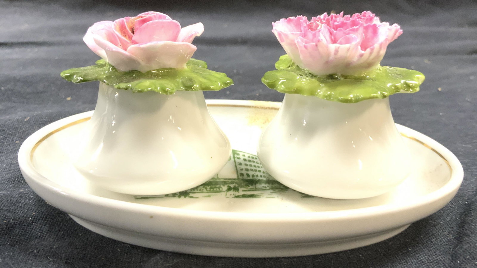 Lot 3 HUTSCHENREUTHER Shakers & Dish: Lot includes oval shaped dish which reads HUTSCHENREUTHER GERMANY on underside, 1 salt & 1 pepper shaker. Each shaker has green & pink toned floral & leaf detail. Marked on underside Aynsley English F