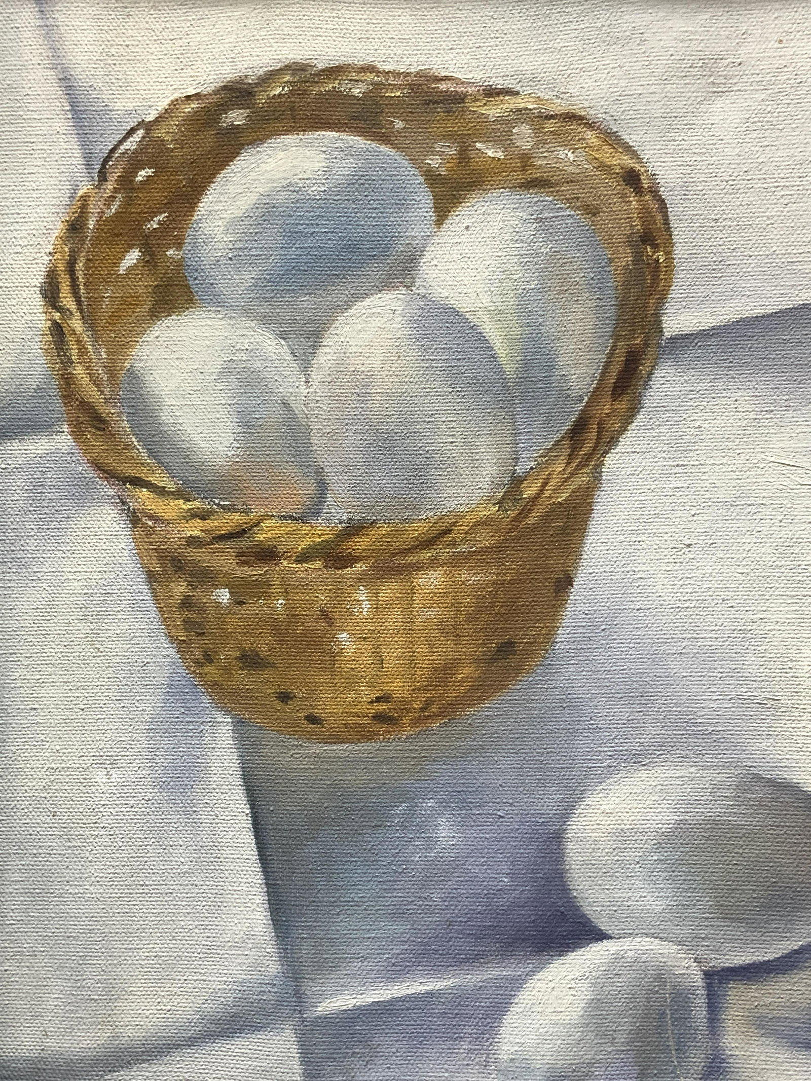 DZ Eggs In A Basket Acrylic Still Life: DZ Eggs In A Basket Acrylic on canvas Still Life, signed ‘DZ’ in lower right, subject shows a basket of eggs with two eggs on the tile next to the basket, in frame measures approx 14 3/4 x 10 3/4 