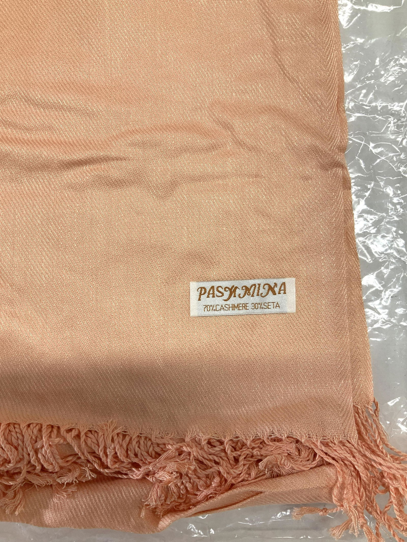 PASHMINA NIP CASHMERE & SILK SHAWL: Peach toned PASHMINA Shawl in original cellophane wrapping. Signed Pashmina and reads 70% cashmere, 30% silk. 3 ladies accessories, pashmina, Cashmere and Silk Wrap, Cashmere and Silk Pashmina Shawl,