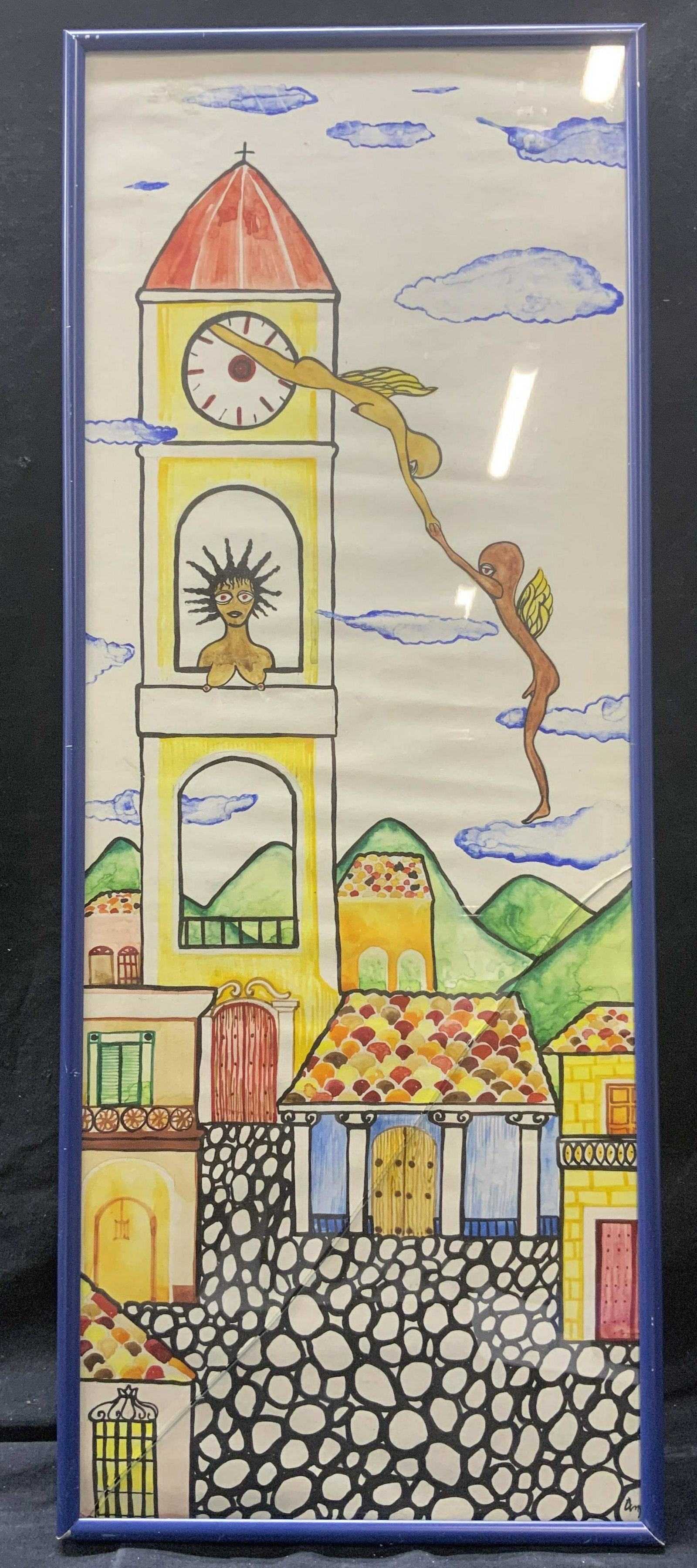 Mixed Media Naive Surreal Drawing: Mixed Media Naive Surreal Drawing, signed illegibly in lower right, subject shows clock tower with nude figures and a village, in frame measures approx 24 1/2 x 9 1/2 in., blue toned metal frame, surf