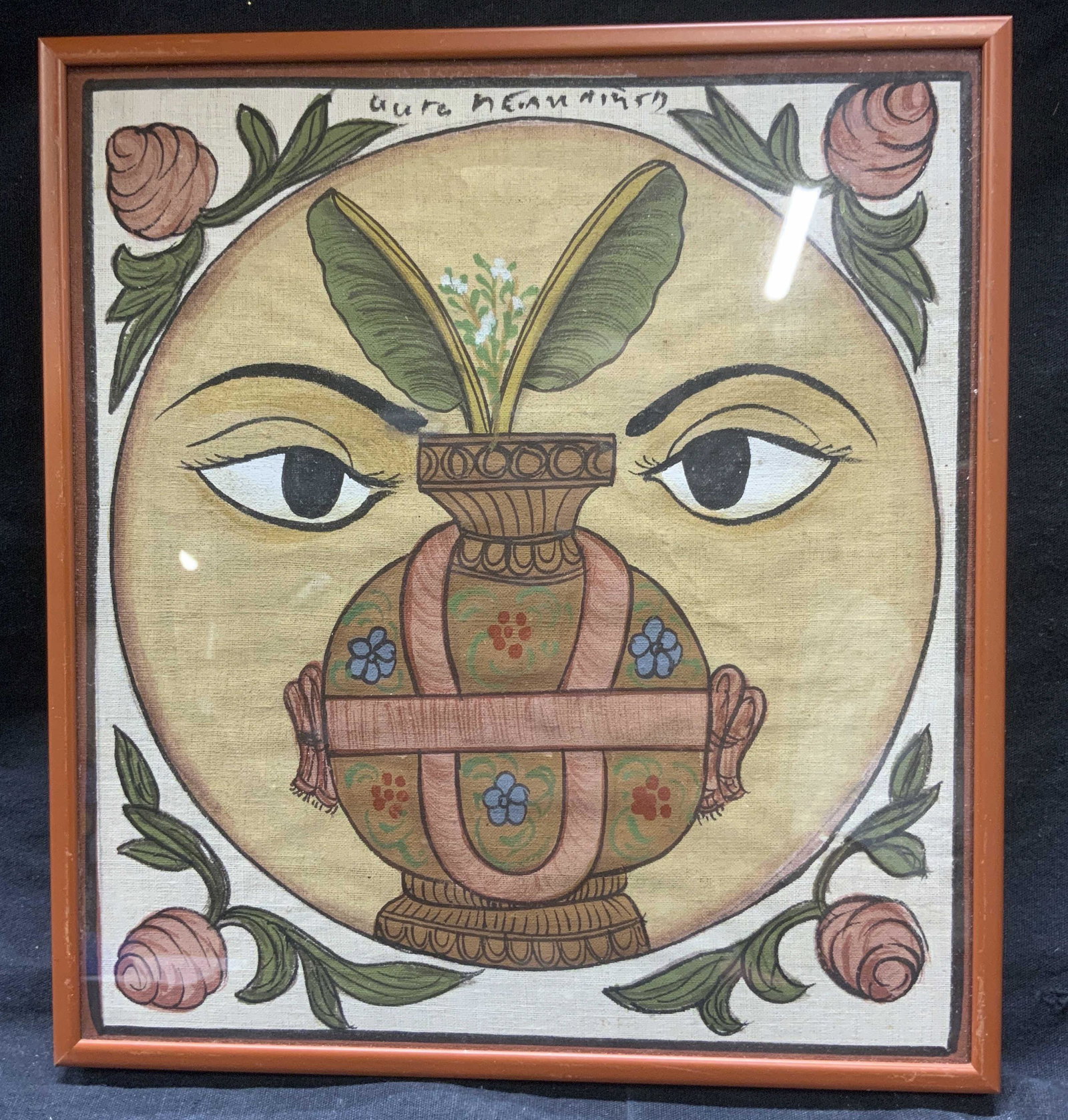 Mystical Naive Style Painting On Textile: Mystical Naive Style Painting On Textile, illegible inscription, subject shows a face with nose and mouth obstructed by potted plant, in frame measures approx 10 x 9 1/2 in., tan brown toned metal fra