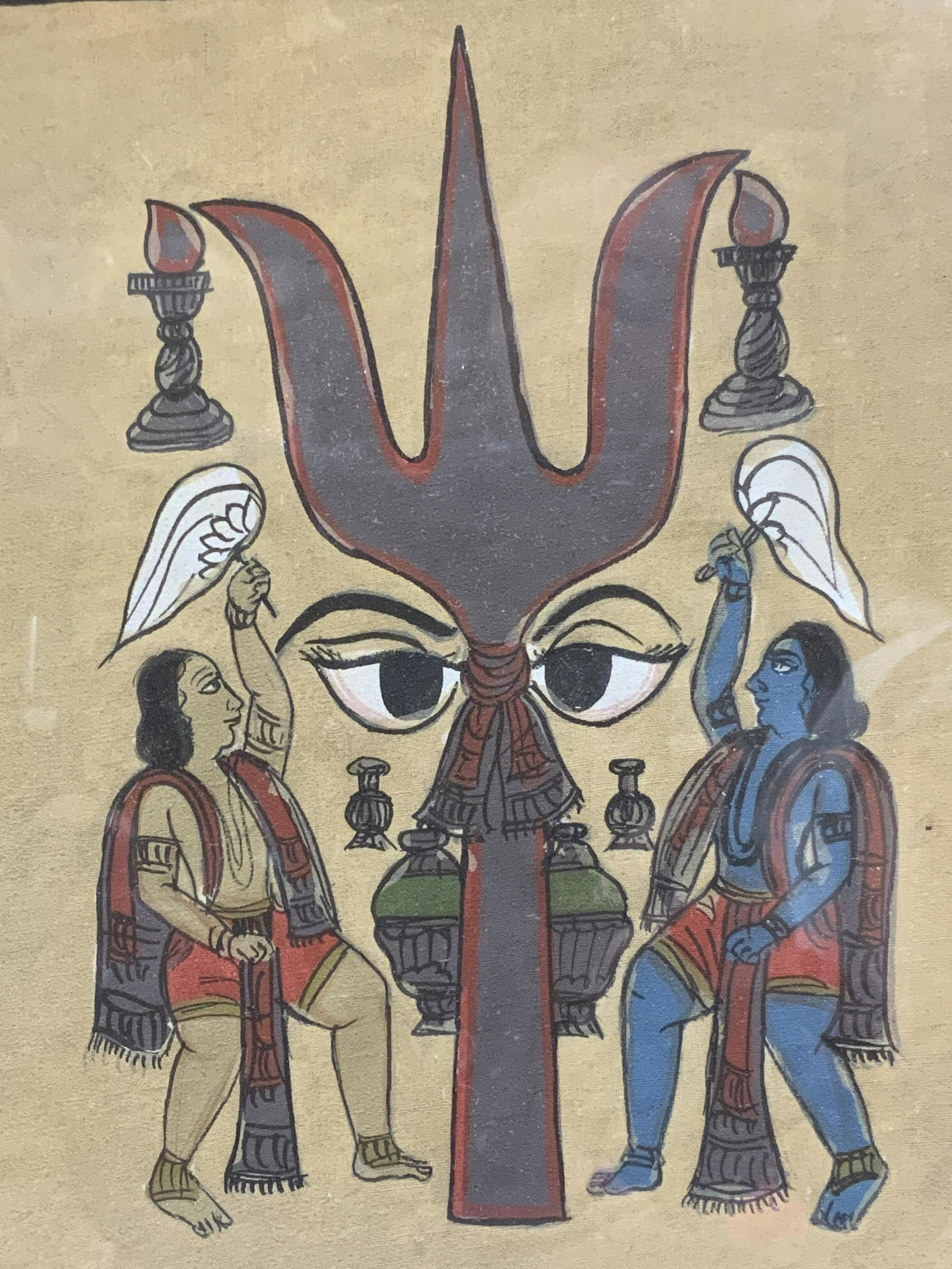 Mystical Figural Painting On Textile: Mystical Figural Painting On Textile, no apparent inscriptions, subject shows surreal face with two figures on either side, in frame measures approx 10 x 9 1/4 in. Tan brown toned metal frame, surface