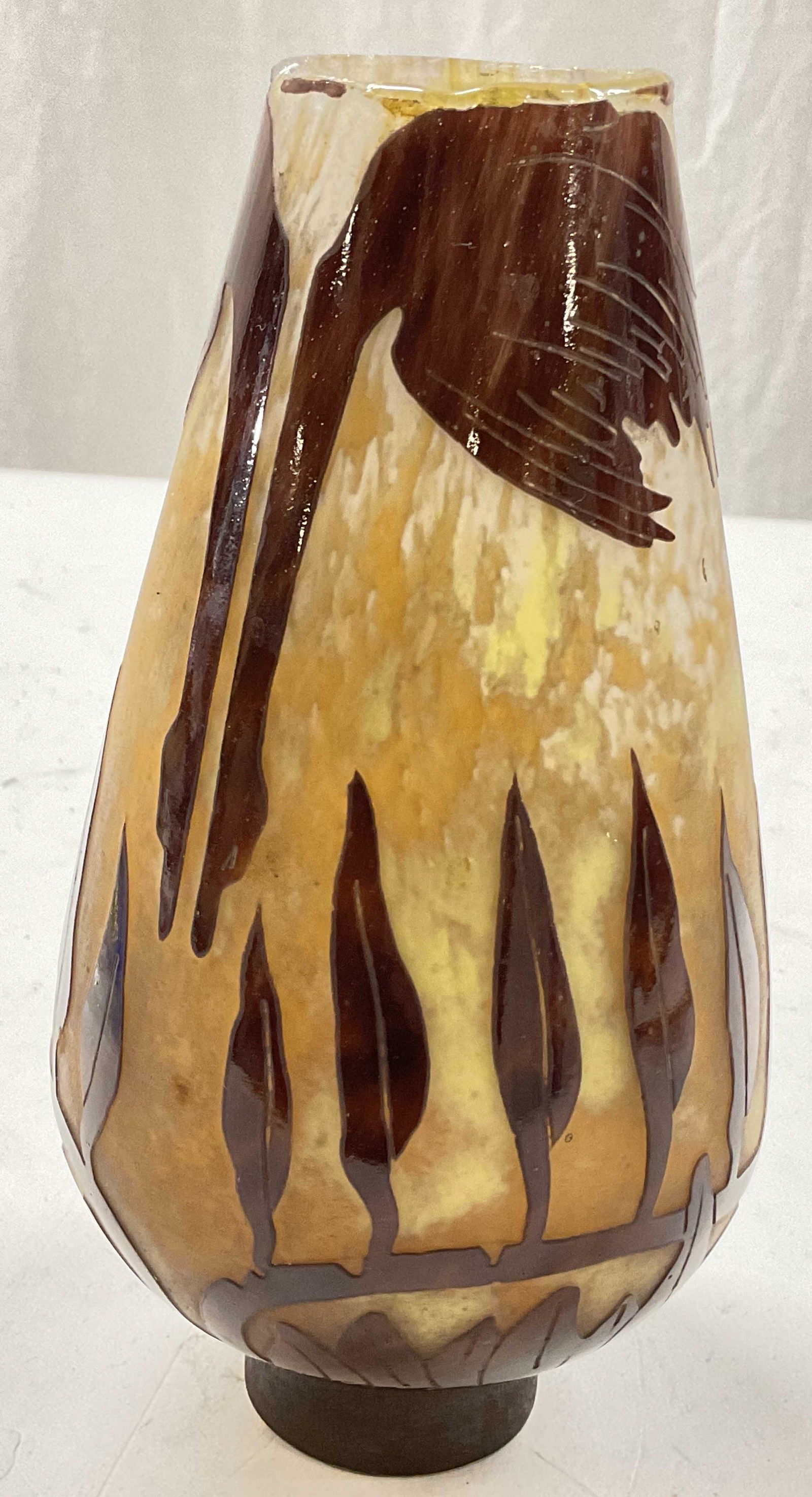 Cut Art Glass Accessory W Swan Motif: Cut Art Glass Piece W Swan Motif. Thick walled, medium weight art glass. Up cycle for a lamp shade. Metal piece around opening. Up cycle glass. Two openings to piece. Possibly a shade. Art glass, cut