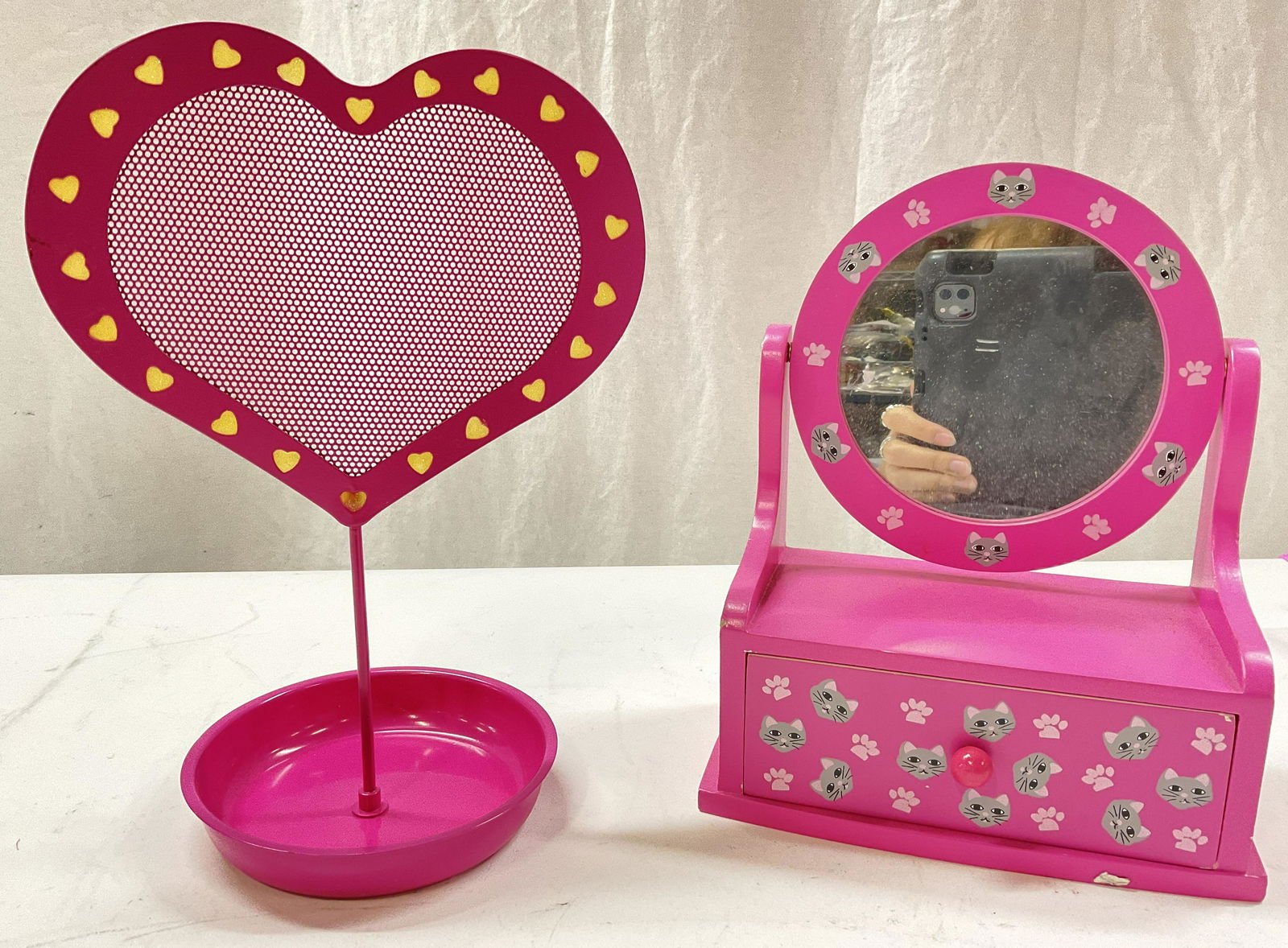 Vanity Jewelry Box & Heart Holder: Vanity Jewelry Box & Holder. Jewelry box with cat and paw printed to exterior. Round mirror to piece and small drawer. Heart jewelry holder and bottom tray to hold wears. Largest Measures approx. 10 x