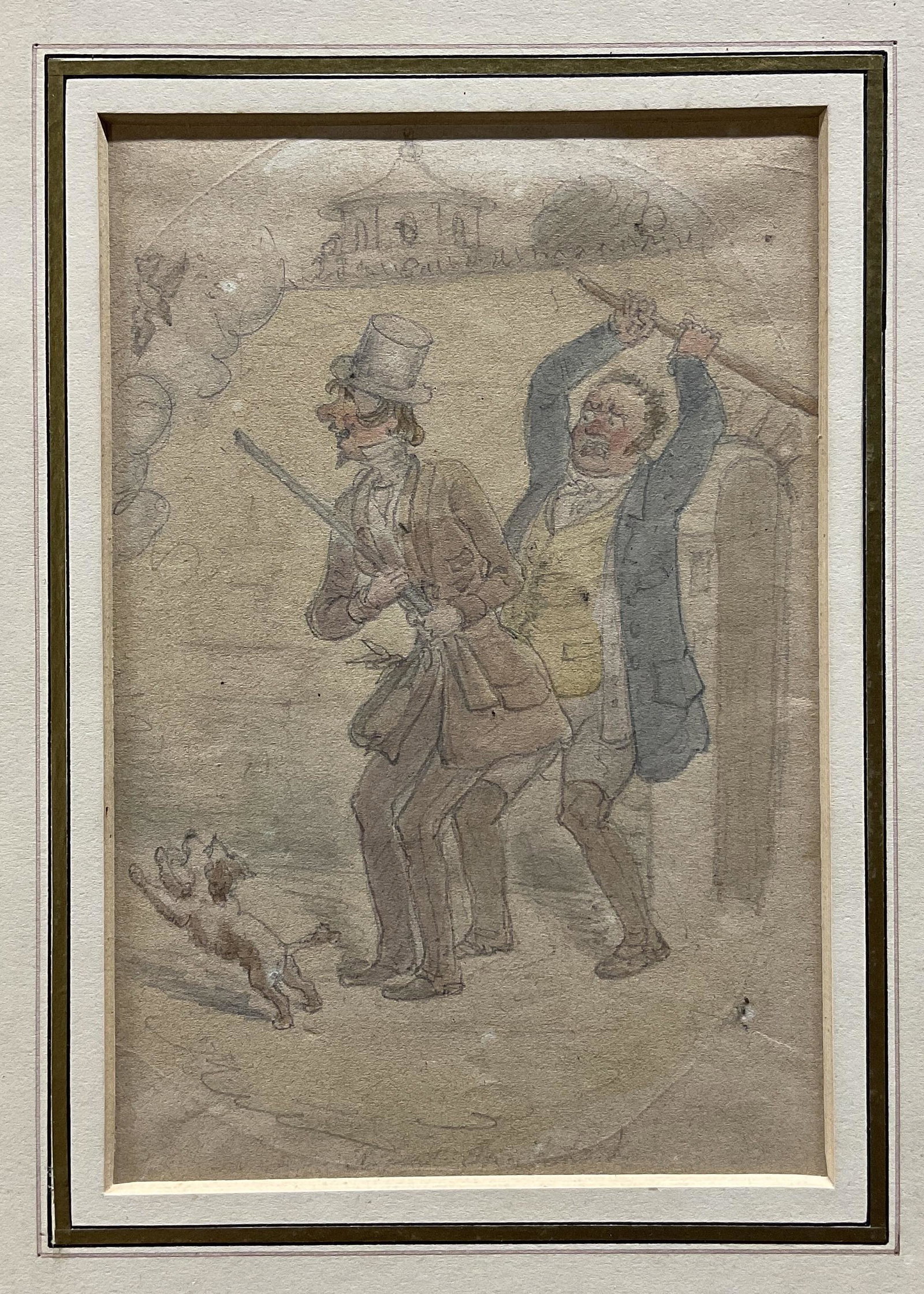 Antique Signed British Watercolor Painting: Antique Signed British Watercolor Painting, signature to lower right illegible, inscription to reverse illegible, subject a man who is about to bash another man over the head, window measures 5 7/8 x 