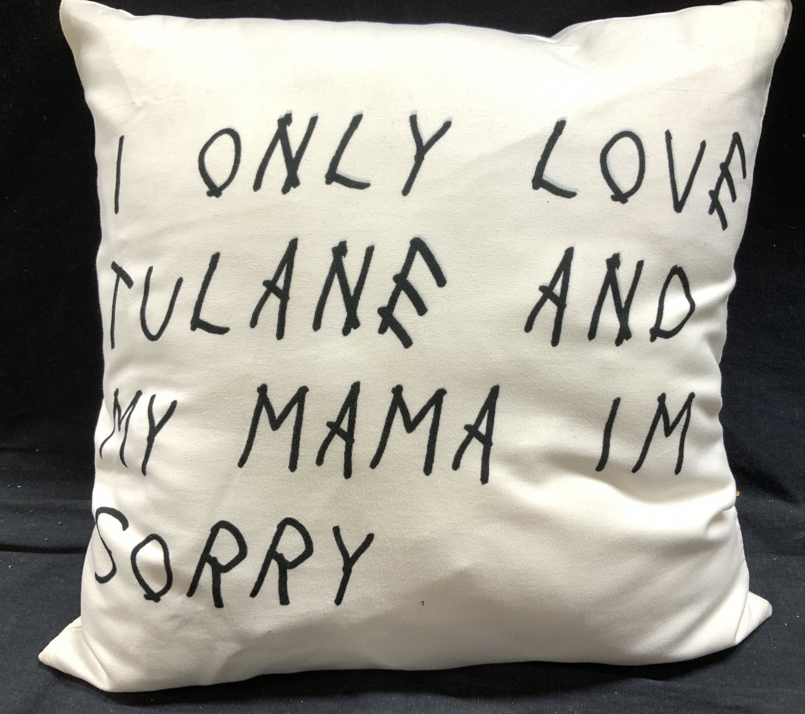 Tulane Parody Pillow in Drake’s Album Font: White pillow cover with polyester fill pillow insert. Pillow reads ‘I ONLY LOVE TULANE AND MY MAMA I’M SORRY’ 14 x 14 in. Font copied from Drake’s album cover ‘ If You're Reading This It's T