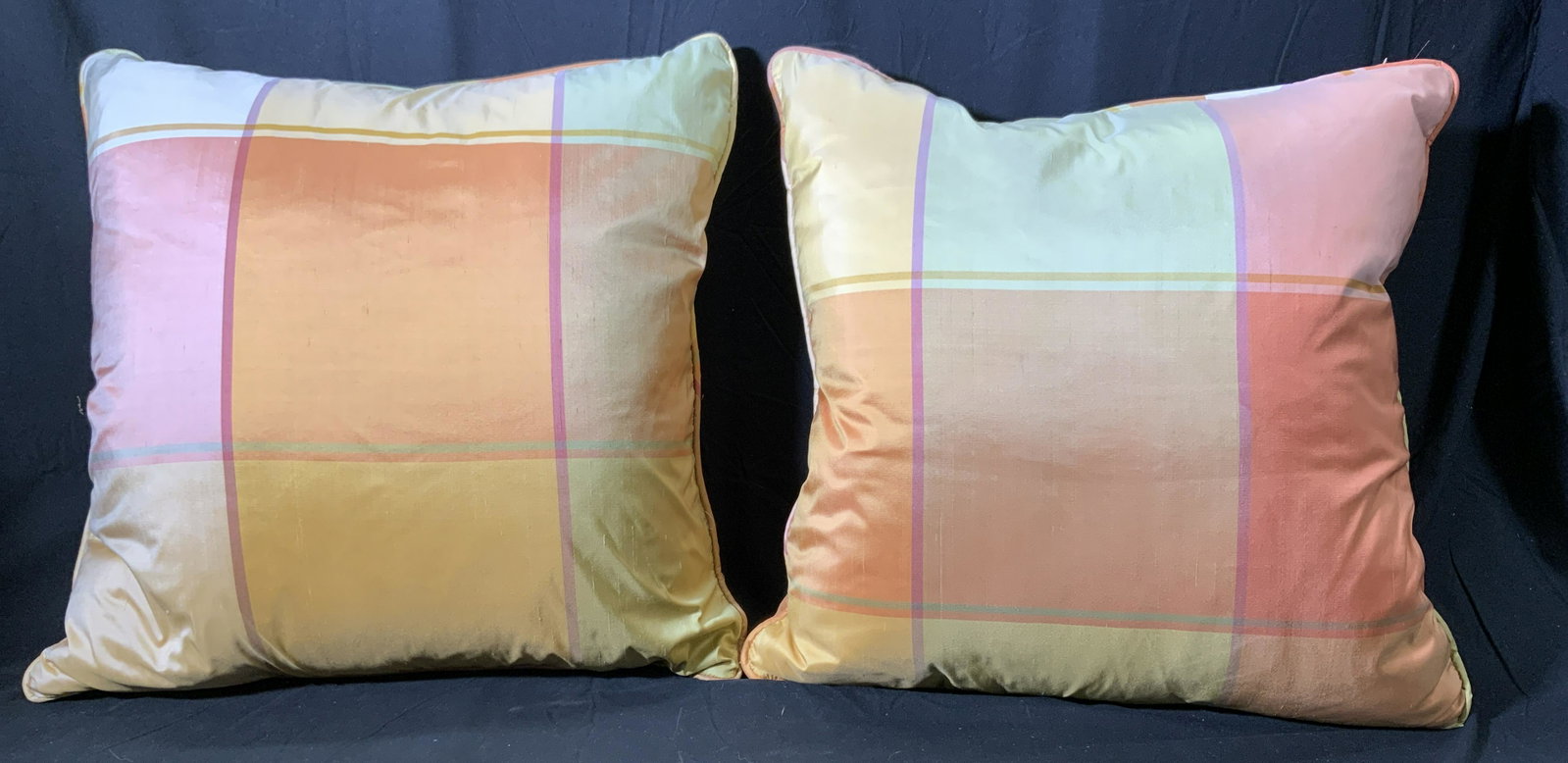 Set 2 Orange Euro Sham Down Pillows: Set of 2 down European sham pillows with orange checked pillow cases. Measure approx. 21 x 21 inches each. Some wear to pillow cases consistent with exposure. Euro sham, European sham, decorative pill