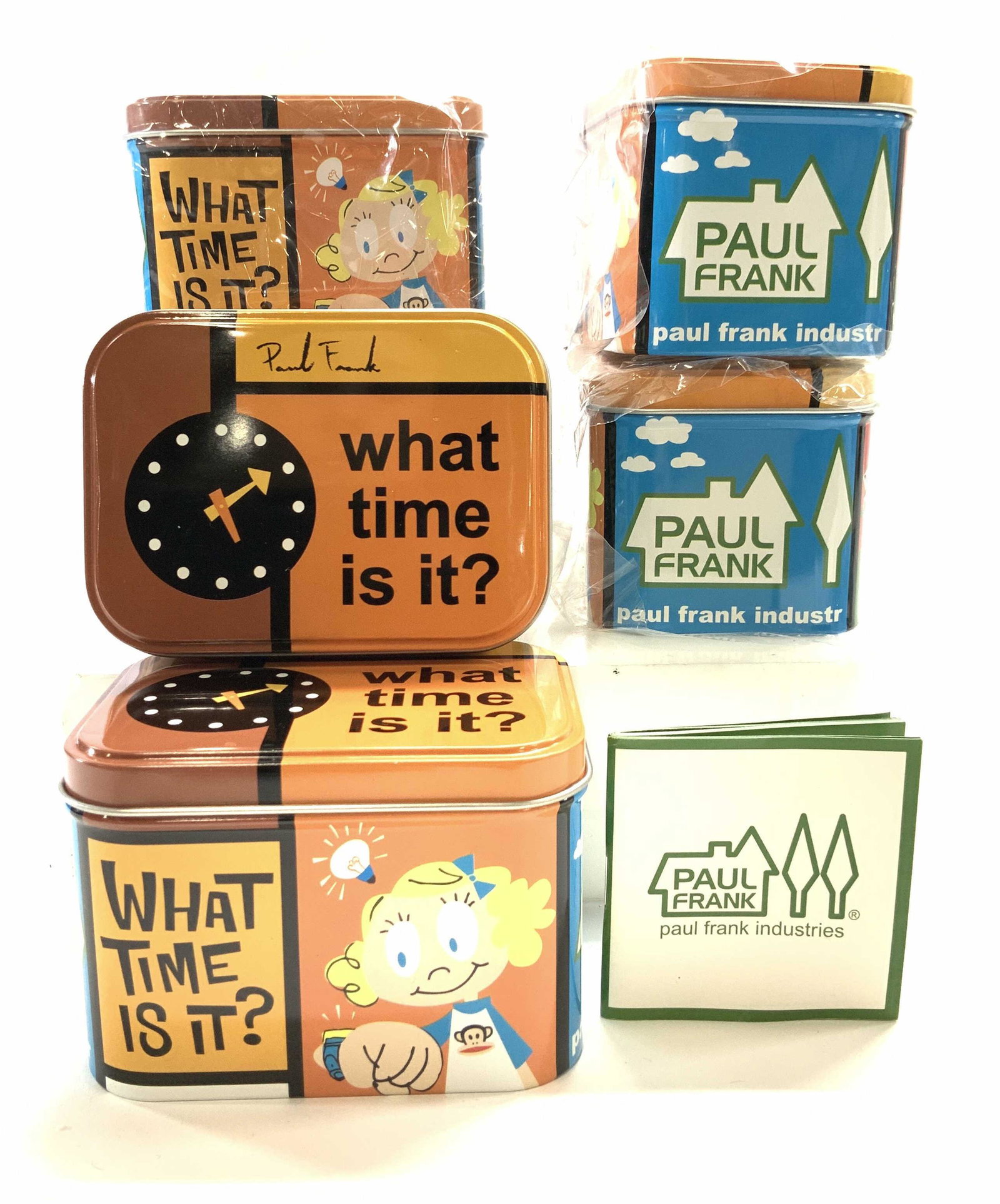 Paul Frank Industries Pop Culture Tins, 6 Sgn New: Signed Paul Frank Tins with covers, reads ‘What Time Is It?’ Multiple Locations with Paul Frank name and his signature on lid. These tins can be used as trinket boxes, Watch holders, jewelry boxes