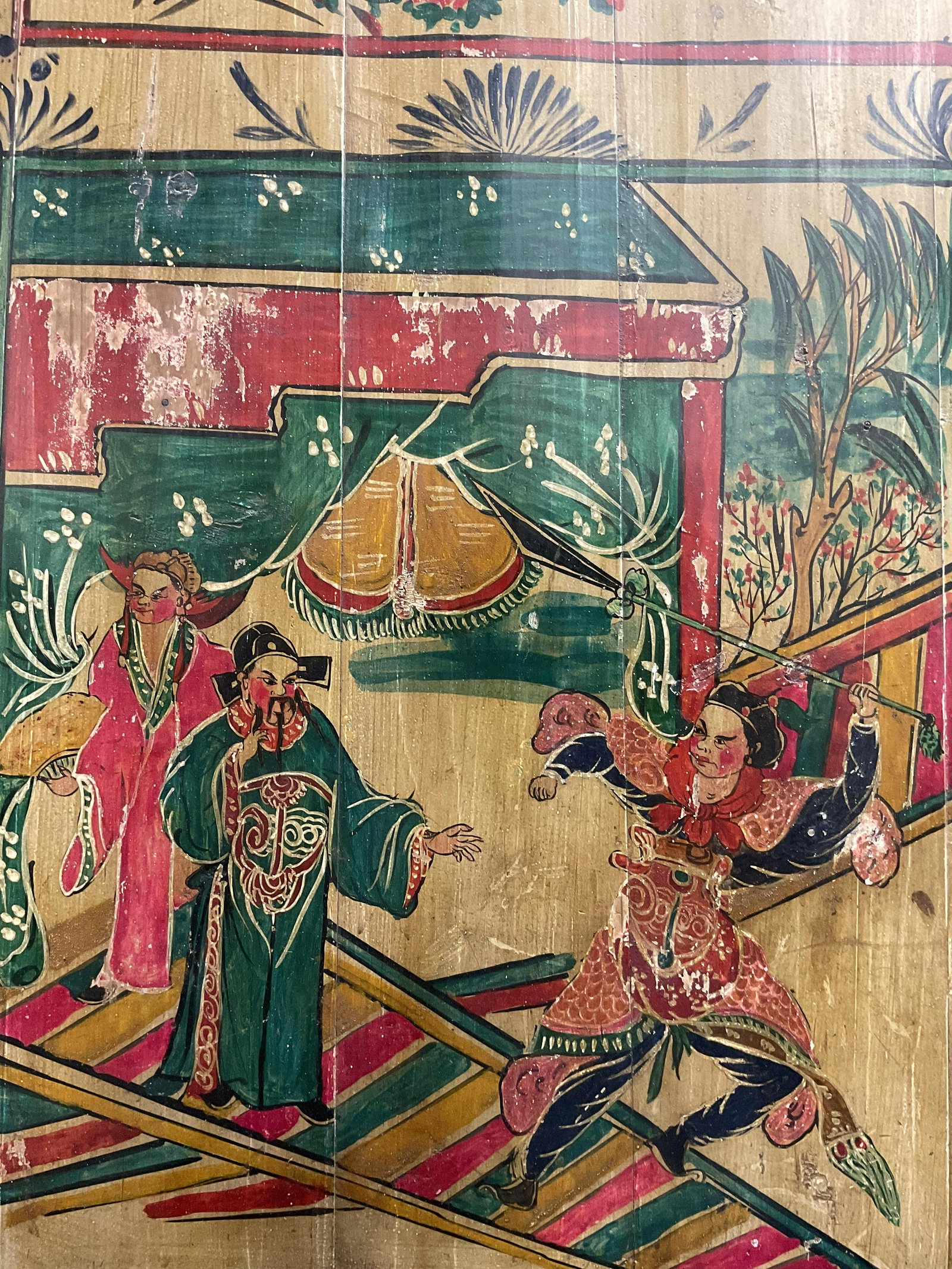 Chinese Painting of a Man with a Spear: Chinese Painting of a Man with a Spear, no apparent inscriptions or signatures, not examined out of frame, subject a man holding a double edged spear leaping at two figures, measures 37 x 24 inches, w