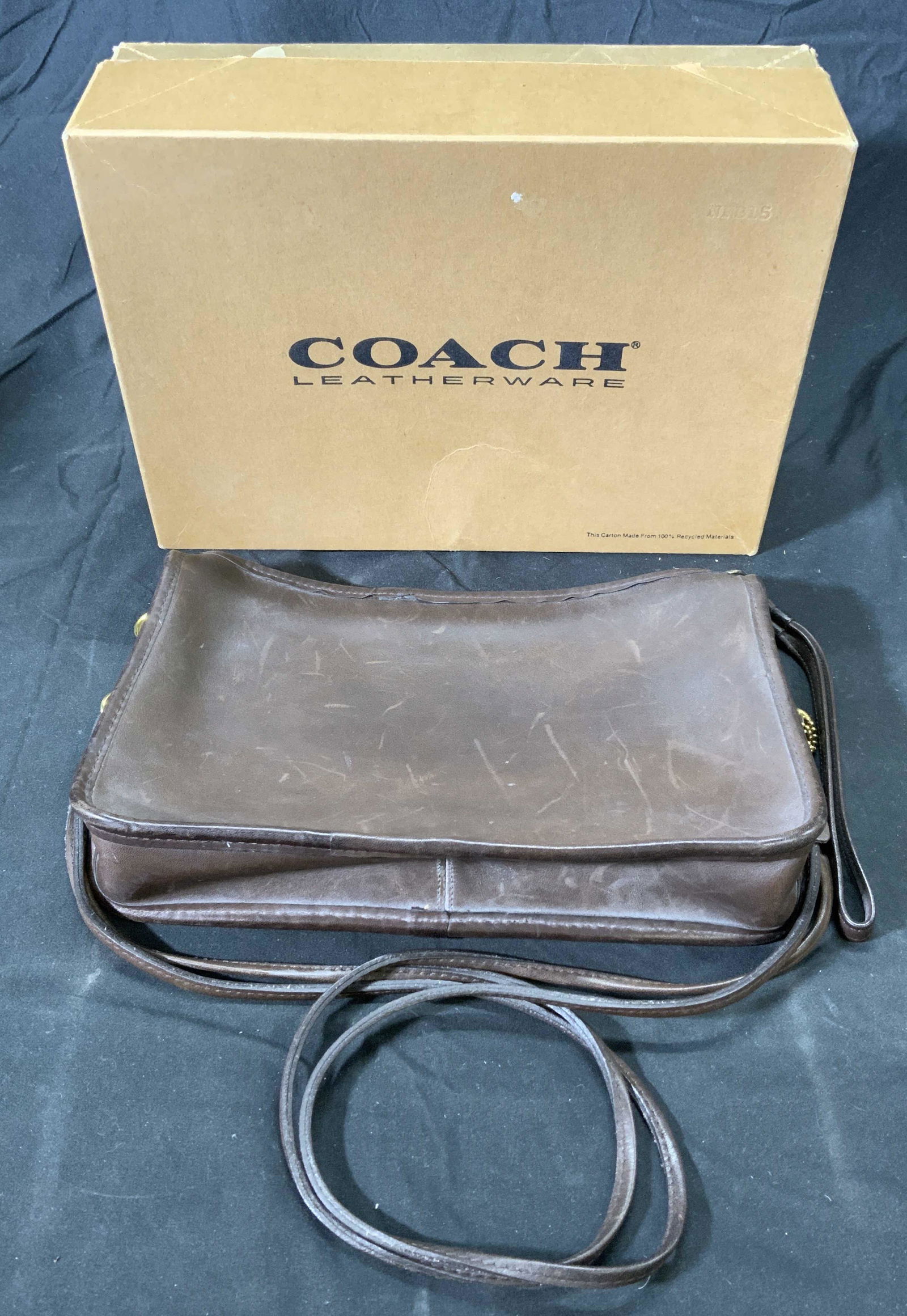 COACH 9455 Vintage Leather Shoulder Bag in Box: Coach vintage leather bag in original box. This style bag was introduced in the 1970s as the Zippered Clutch and renamed during the 1980s as the Basic Bag. Vintage 1982. Style number 9455. Color ‘Mo