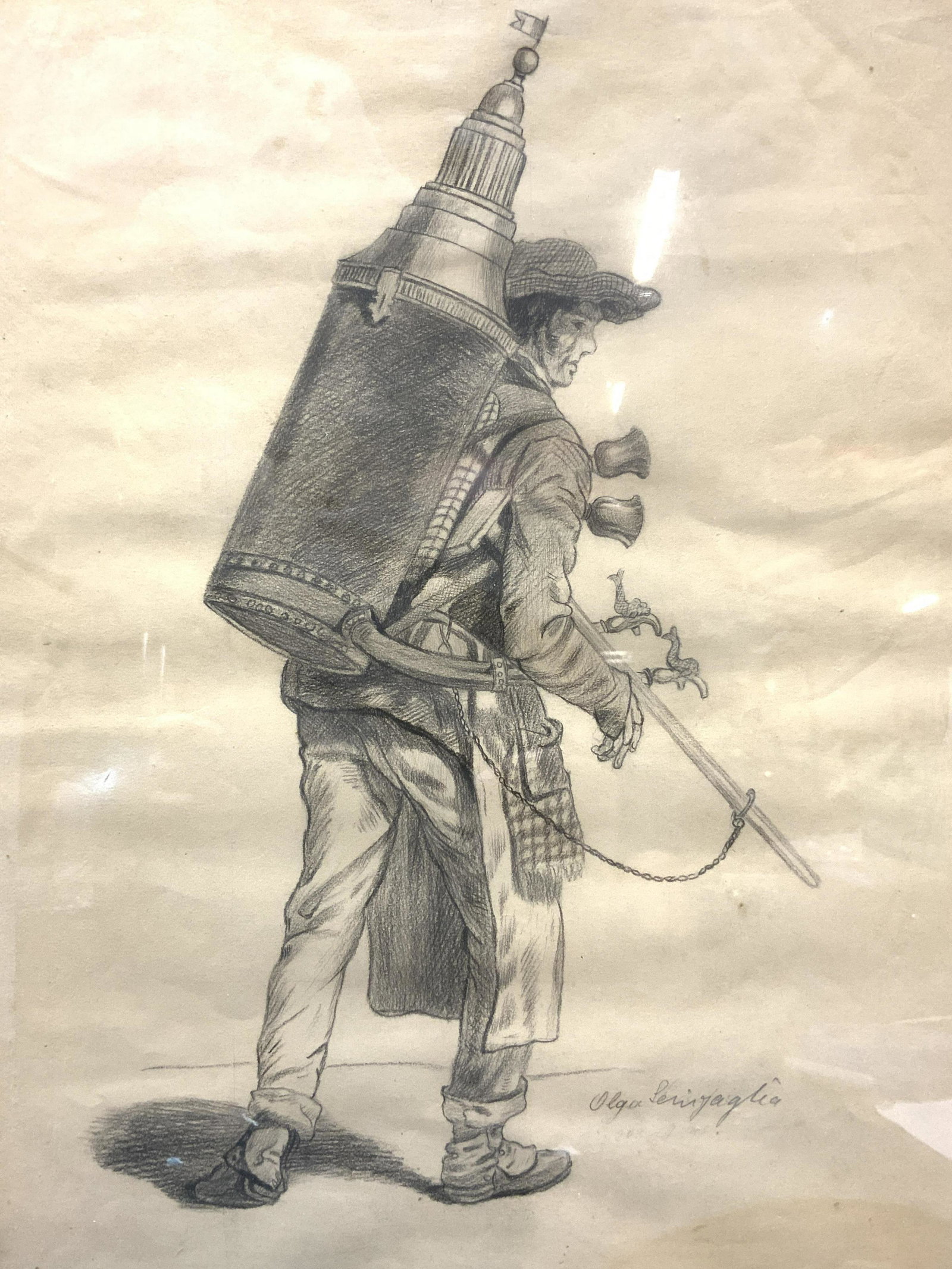 OLGA SENIGAGLIA Antique Graphite Drawing: OLGA SENIGAGLIA Antique Graphite Drawing, signature to lower right reads ‘Olga Senigaglia’, subject shows a man with an industrial device strapped to his back, measures 16 1/4 x 12 1/2 inches, gol
