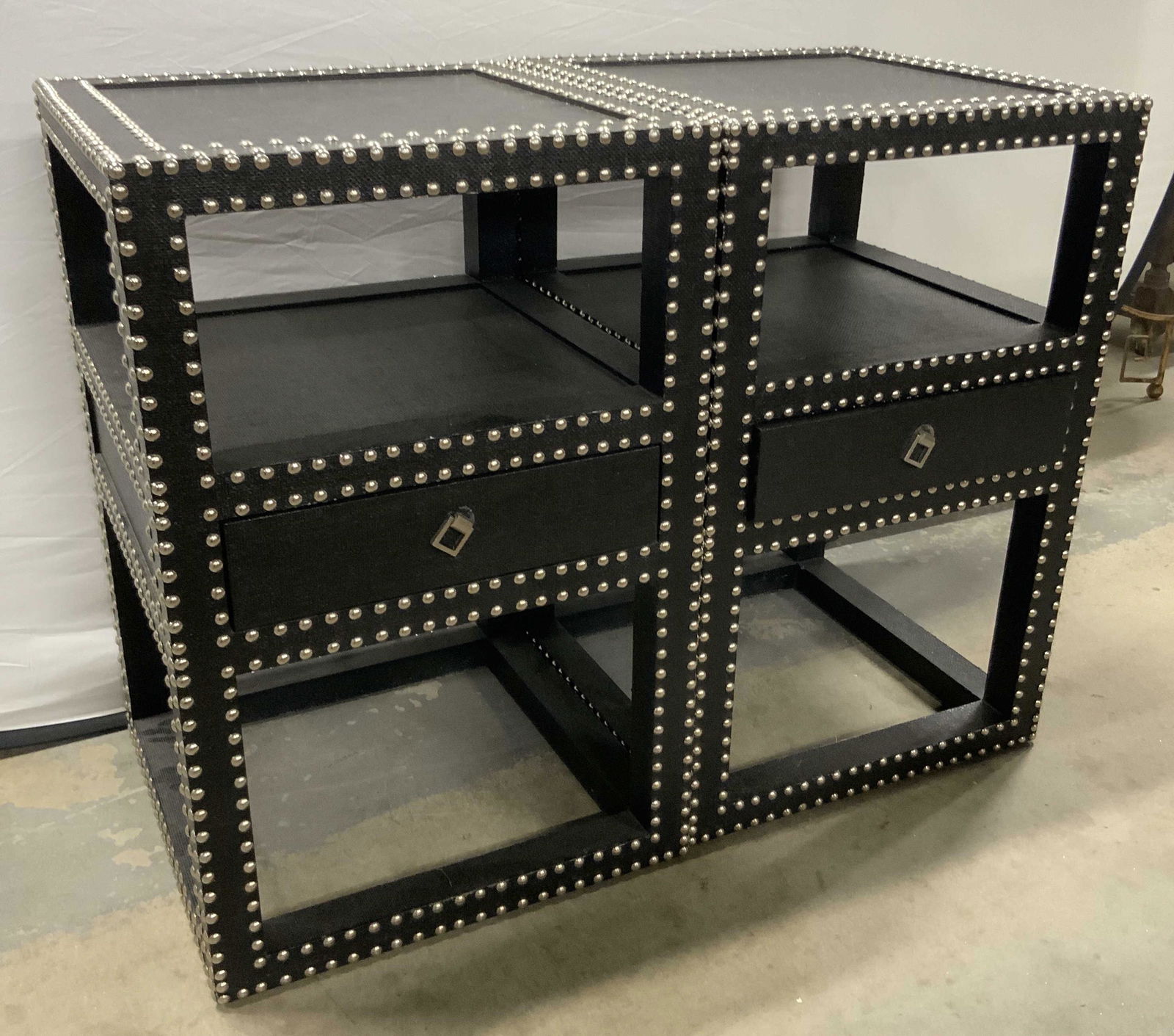 Pair Studded Black Lacquered Grasscloth End Tables (1 of 17)
