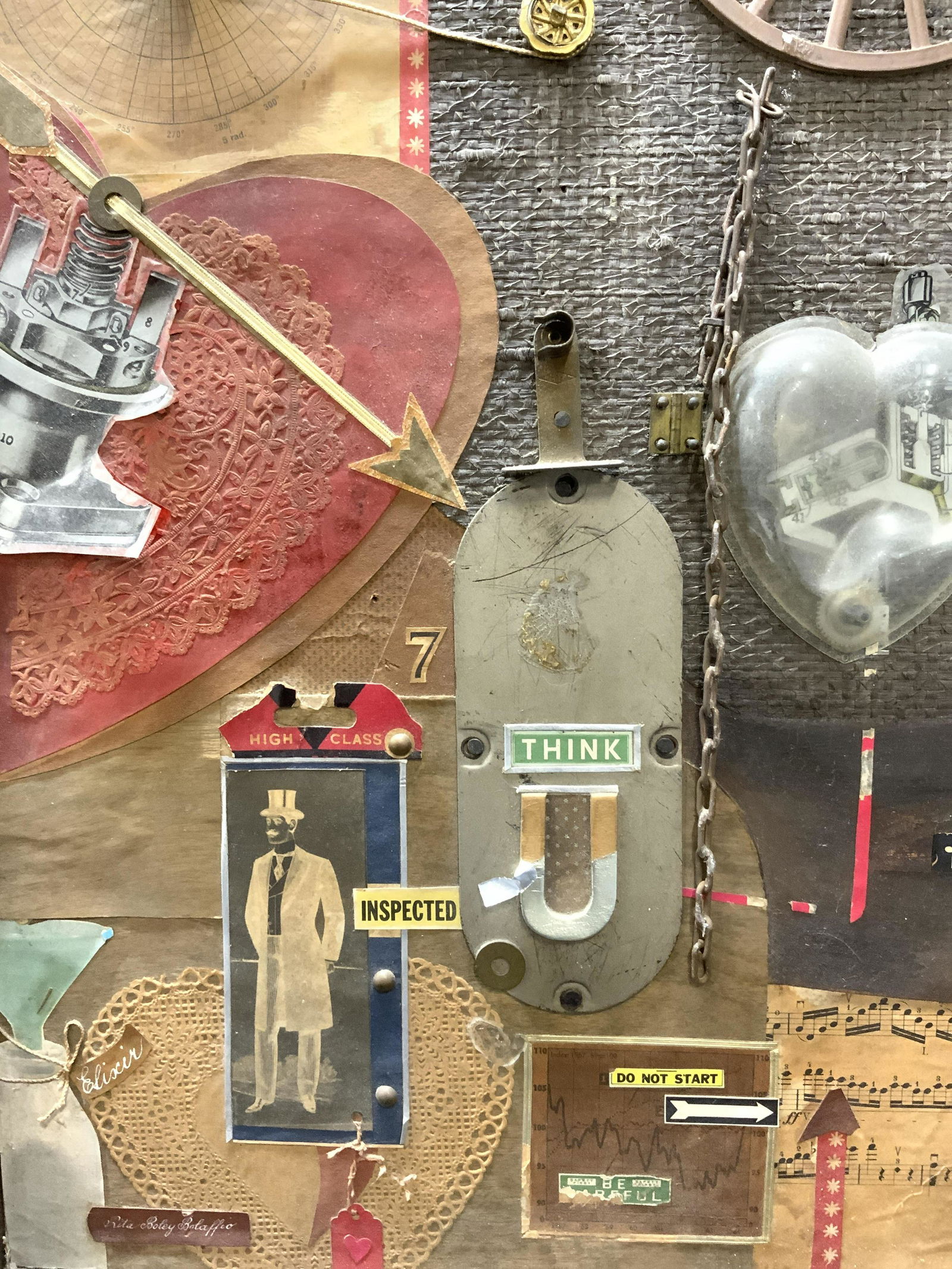 RITA BOLEY BOLAFFIO Solo Bordi di Curtie Collage: RITA BOLEY BOLAFFIO Solo Bordi di Curtie Collage, lower right signed Rita Boley Bolaffio subject has hear and gear motif, verso reads solo bordi di curtie, in frame measures approx 23 1/2 x 15 3/4 in.