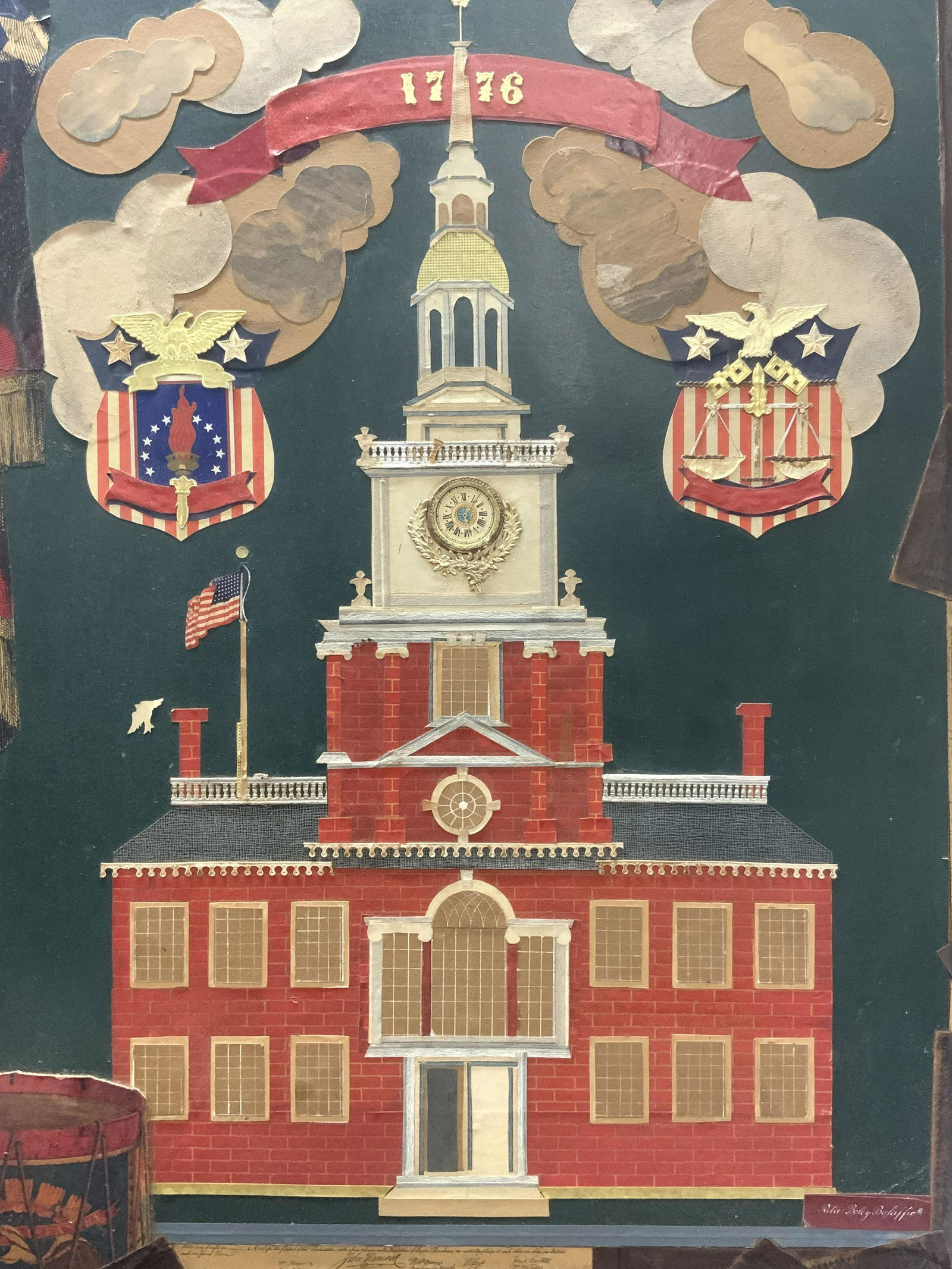 RITA BOLEY BOLAFFIO 1776 Collage: RITA BOLEY BOLAFFIO 1776 Collage, signed â€˜Rita Boley Bolaffioâ€™ to lower right, subject shows colonial government building with patriotic motif. In frame measures approx 38 x 28 in., red p