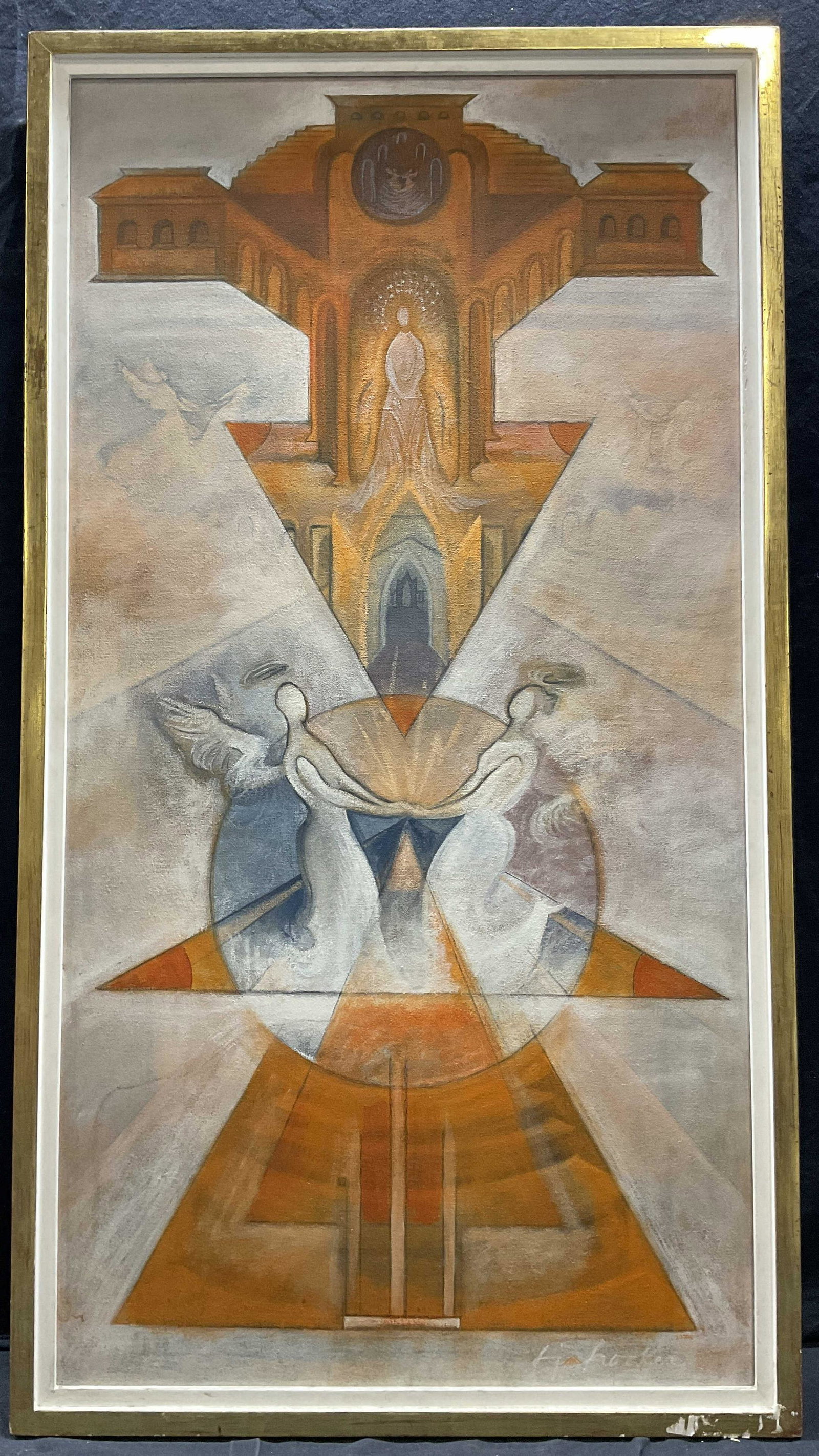H HOCKER Signed Acrylic Painting: H HOCKER Signed Acrylic Painting, signature to lower right reads ‘H Hocker’, inscription to reverse reads ‘Vance of Light 1978’, subject a modernist interpretation gates of heaven, measures 44