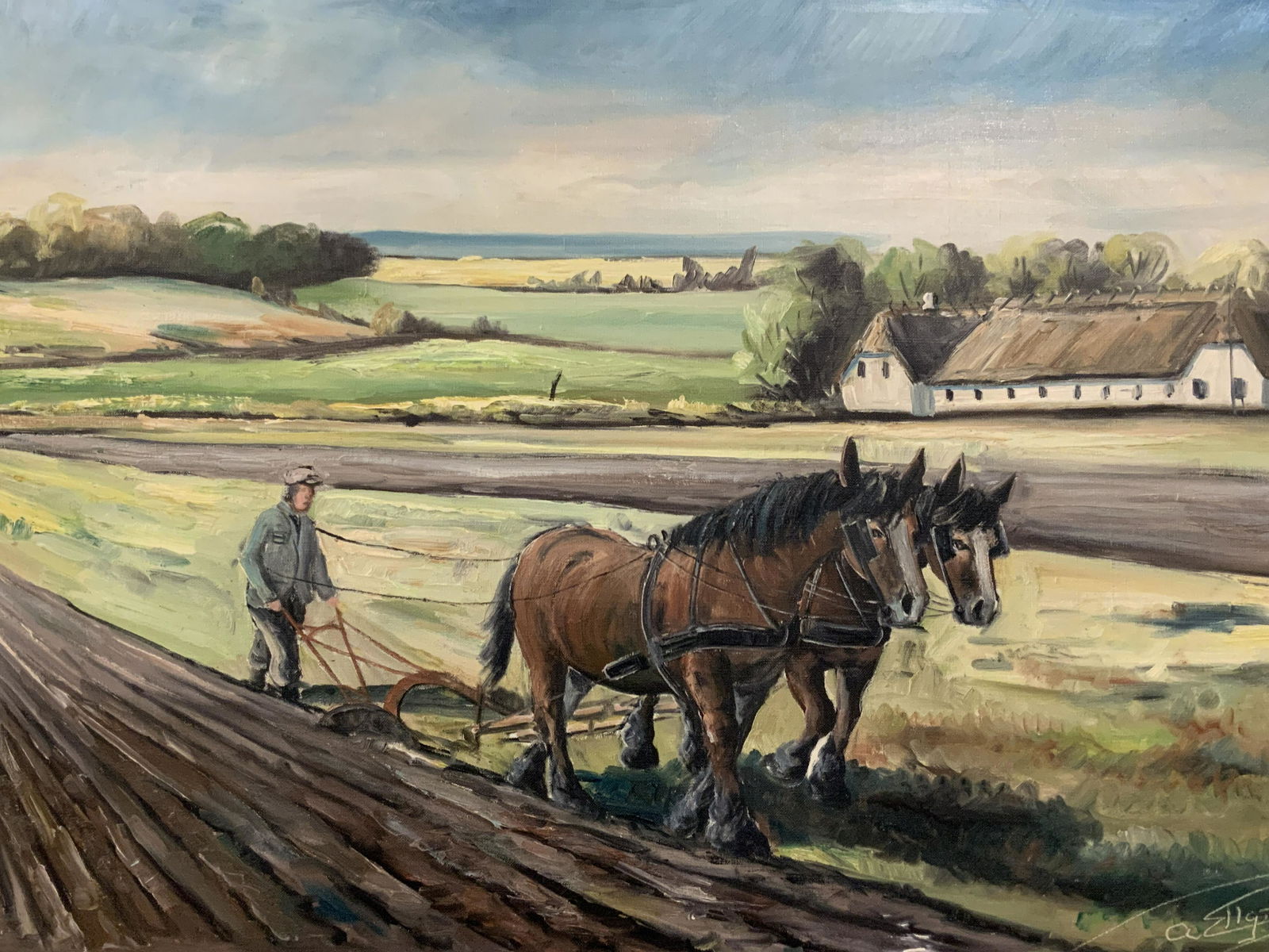 SIGNED Vintage Framed Farm Landscape Oil Painting (1 of 16)