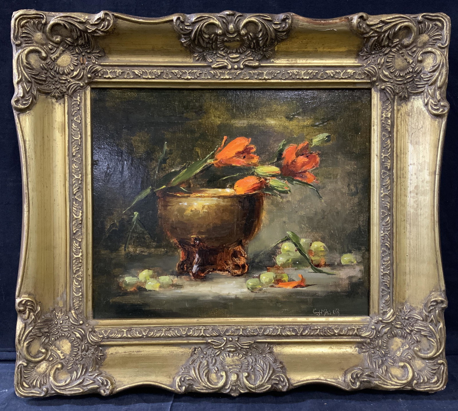 Antique CJ Masur Signed Still Life Oil Painting: Possibly antique, Artist Signature on lower left corner signed CJ Masur. Subject depicts a copper footed bowl with green grapes on the table and orange lilies resting within and on the bowl. Measures 