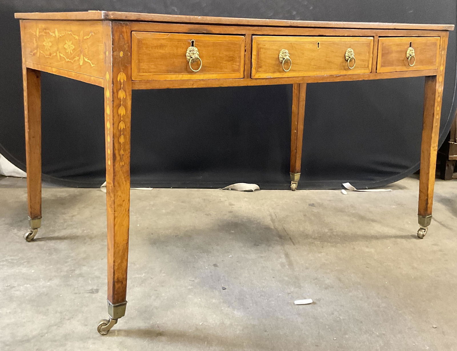 Antique Leather Top Partners Desk W Carved Inlay (1 of 15)