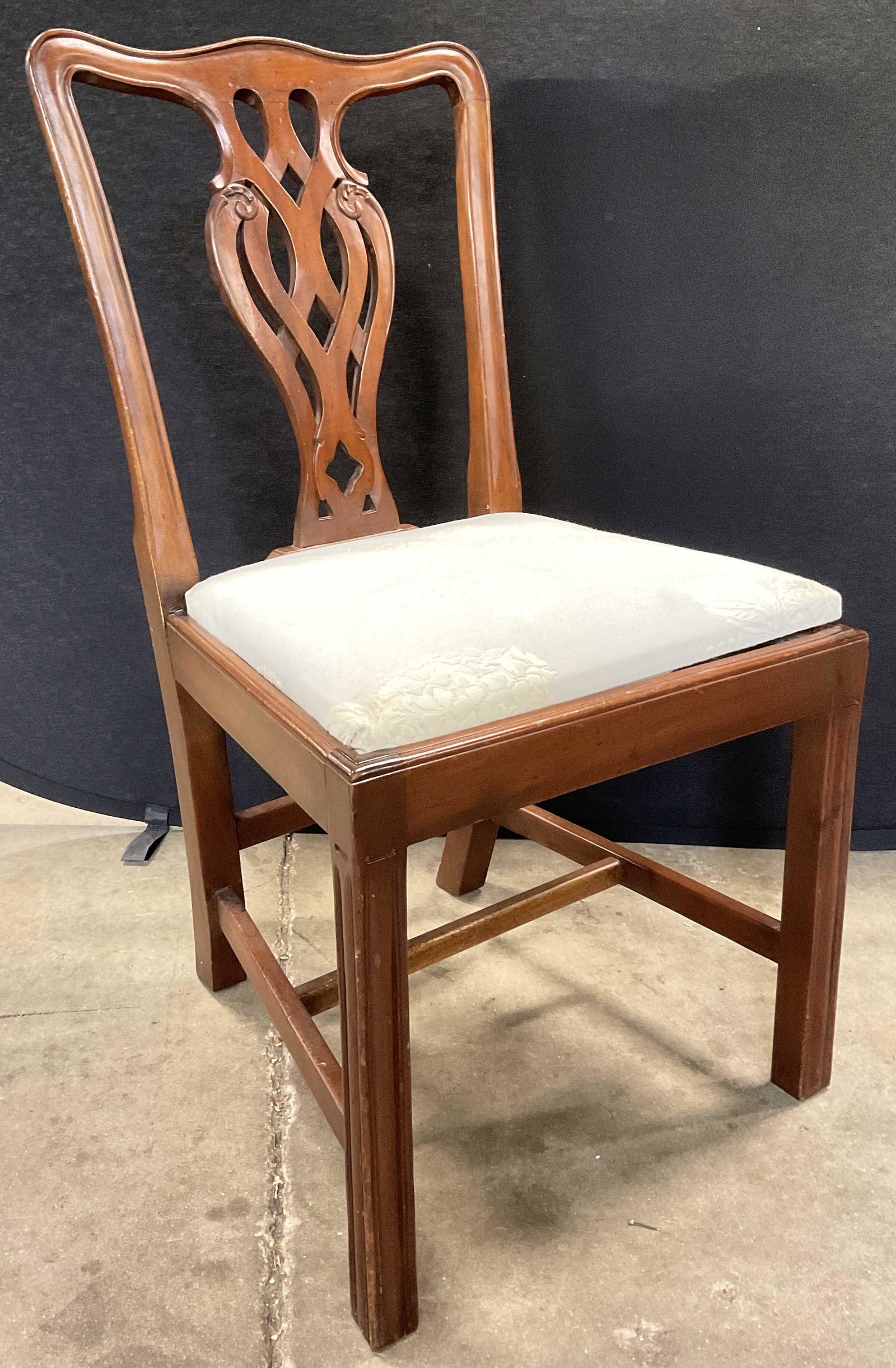 Mahogany Chippendale Style Chair: Mahogany Chippendale Style Side Chair W Hydrangea Motif Custom Upholstered Seat. Measures approx 35H x 19W x 17.5D inches. Surface wear to piece is consistent with age and use. Some bumps to wood. Chi