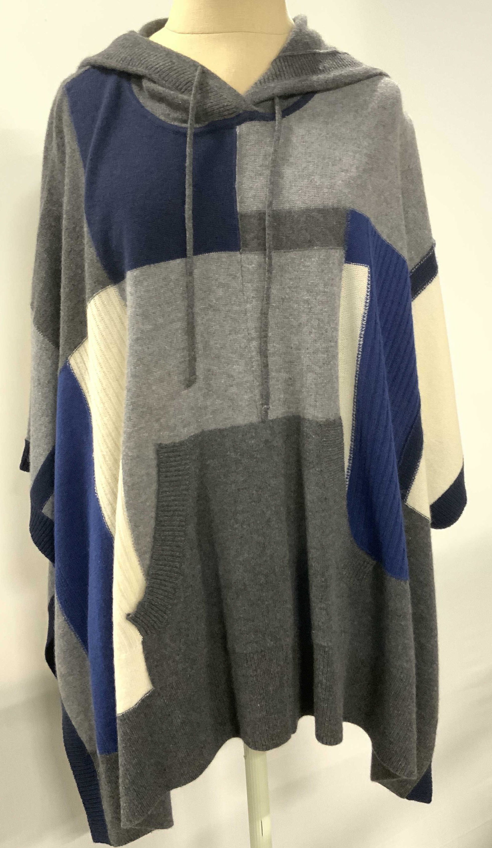 DIANE VON FURSTENBURG Cashmere Poncho Hoodie: DIANE VON FURSTENBURG Cashmere Poncho Hoodie, ladies size S/P, cool palette patch square pattern, possibly never worn. DIANE VON FURSTENBURG cashmere poncho hoodie, ladies luxury designer cashmere clo