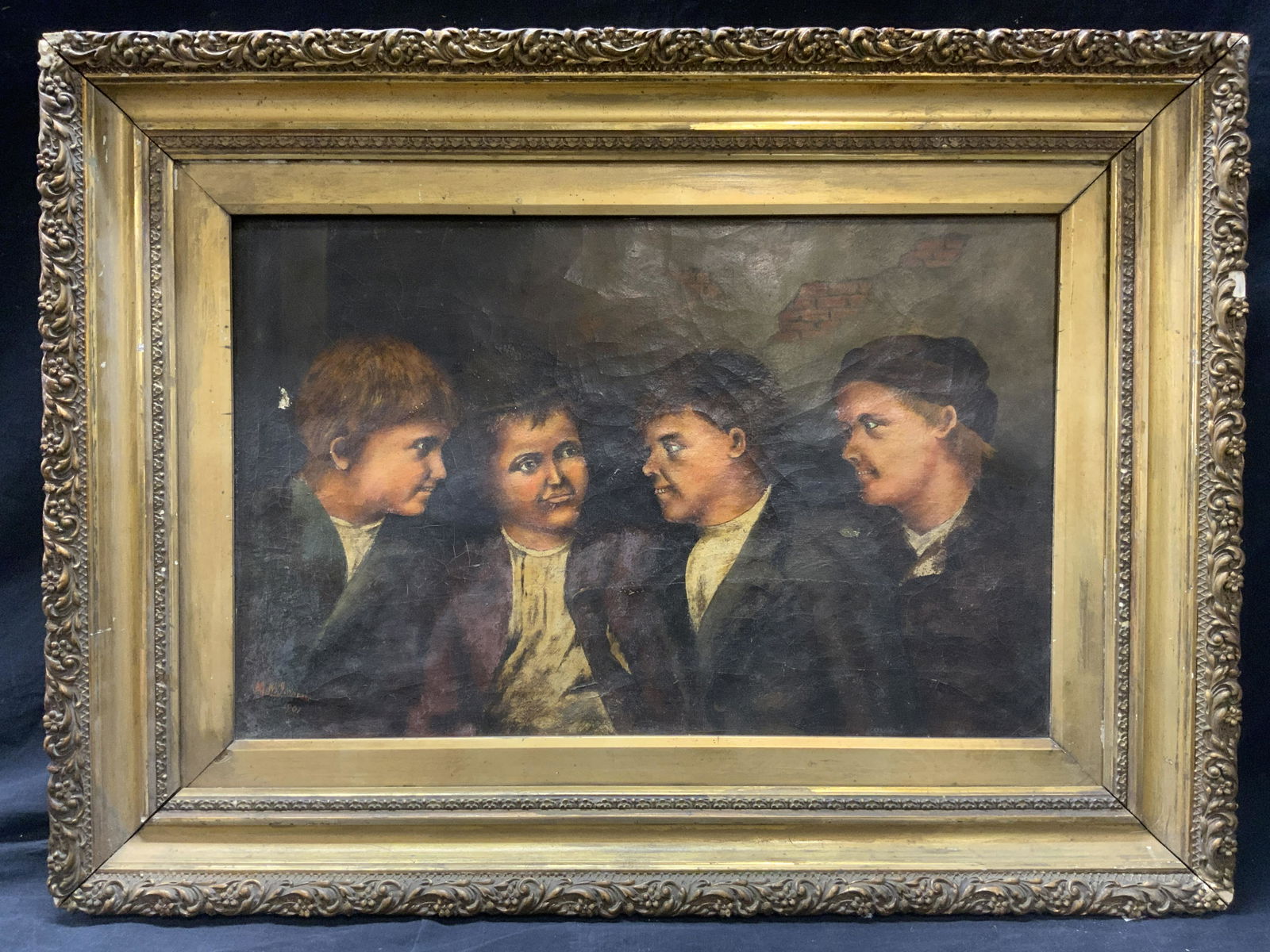 Antique Signed Oil Painting of Four Boys, ENGLAND (1 of 11)