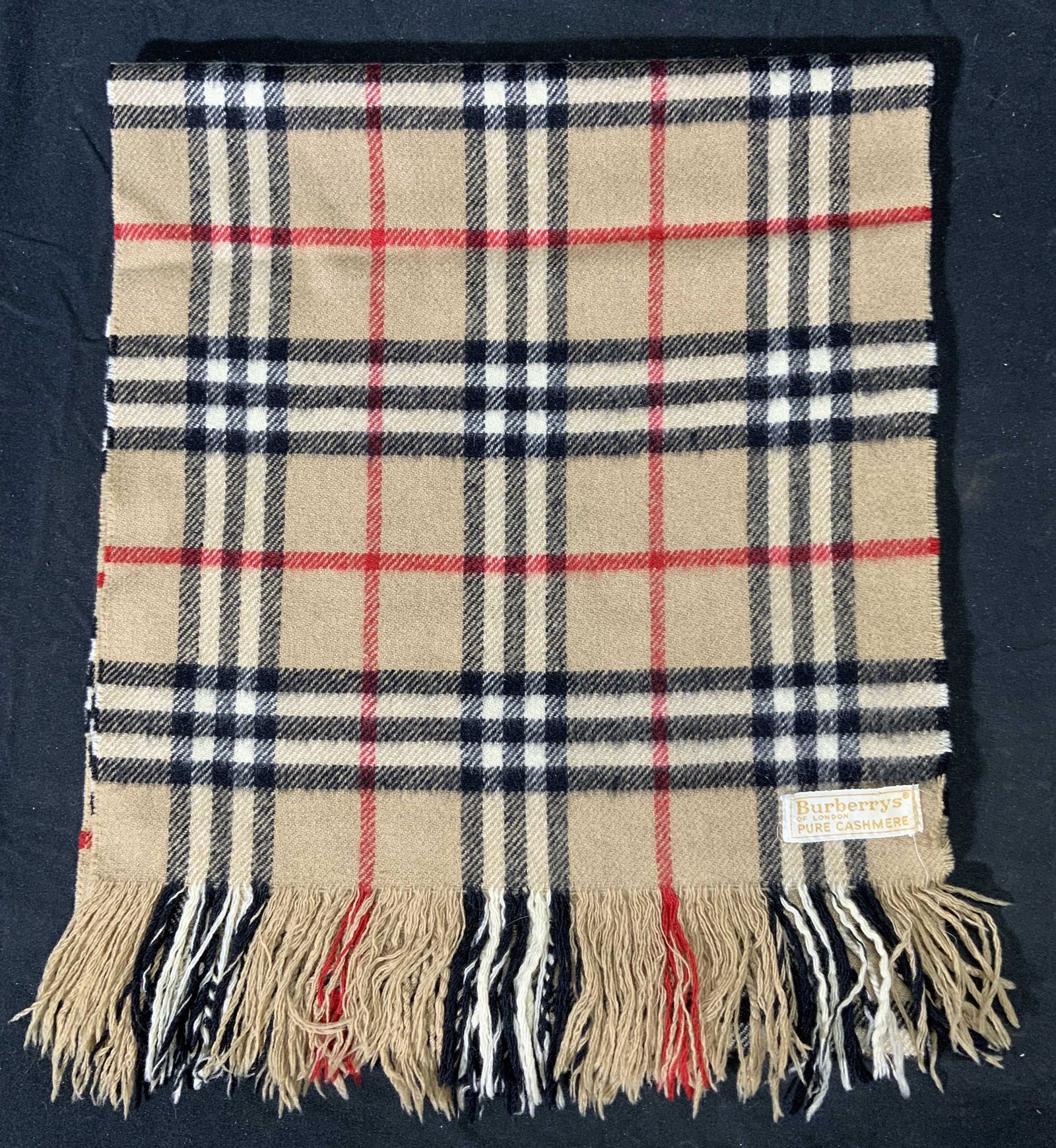 Vintage BURBERRYS Cashmere Nova Check Fringe Scarf: Vintage Burberry pure cashmere scarf with fringe trim in iconic nova check patter. In good condition, some wear consistent with use. Measures approx. 55 inches long. Burberrys, Burberry, vintage Burbe