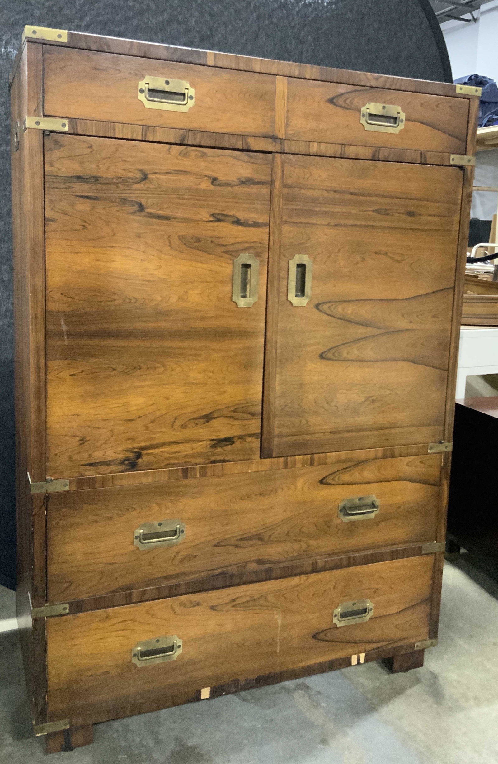 Vintage Wooden Highboy Dresser W Cabinet: Dresser is vintage and wooden. Piece has 1 top drawer 2 drawers within cabinet doors & 2 lower drawers. Outer drawers have gold toned brass handles. Each drawer has hand dovetailing. Piece measures ap