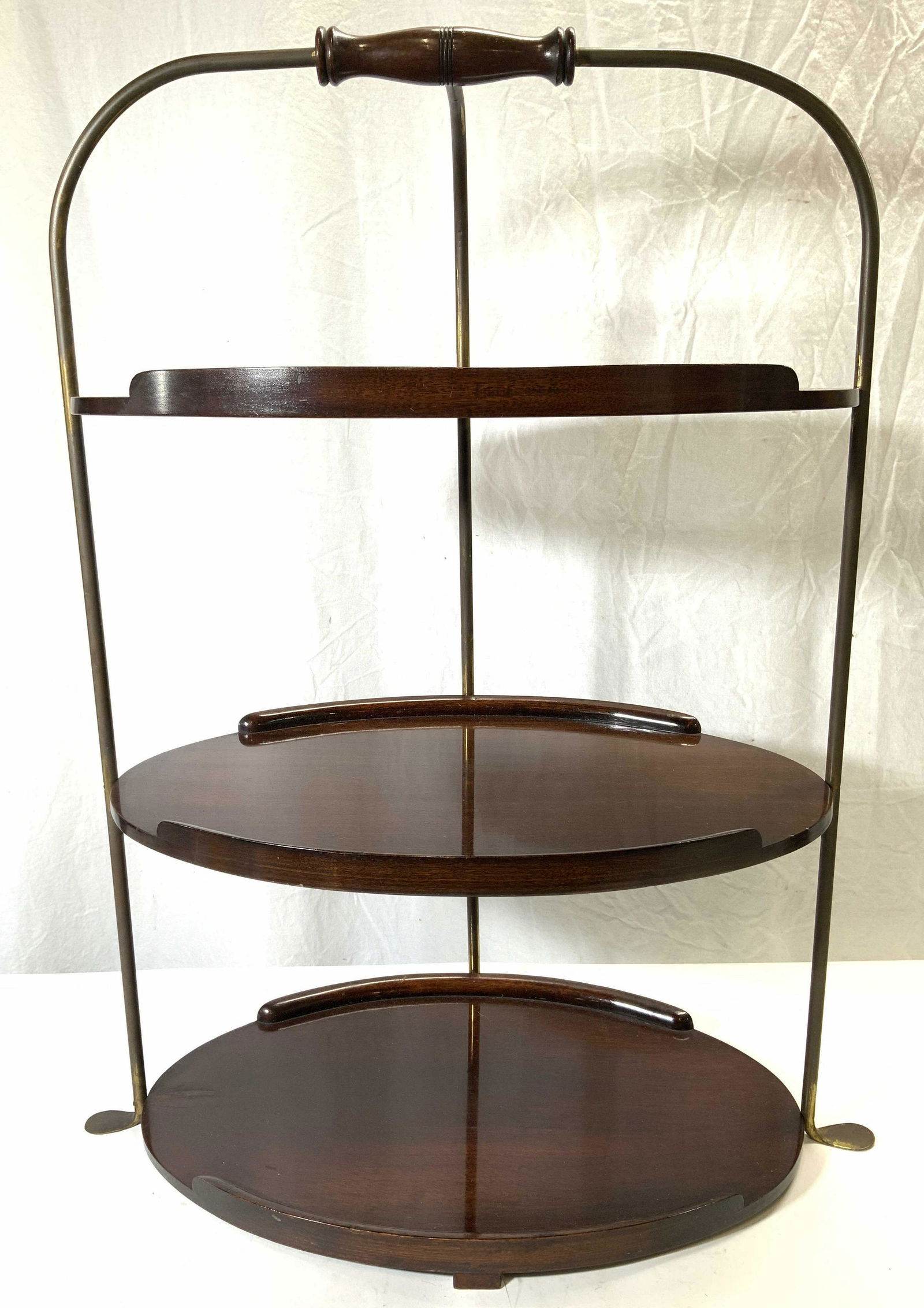 English 3 Tier Wood & Brass Stand W Handle (1 of 10)
