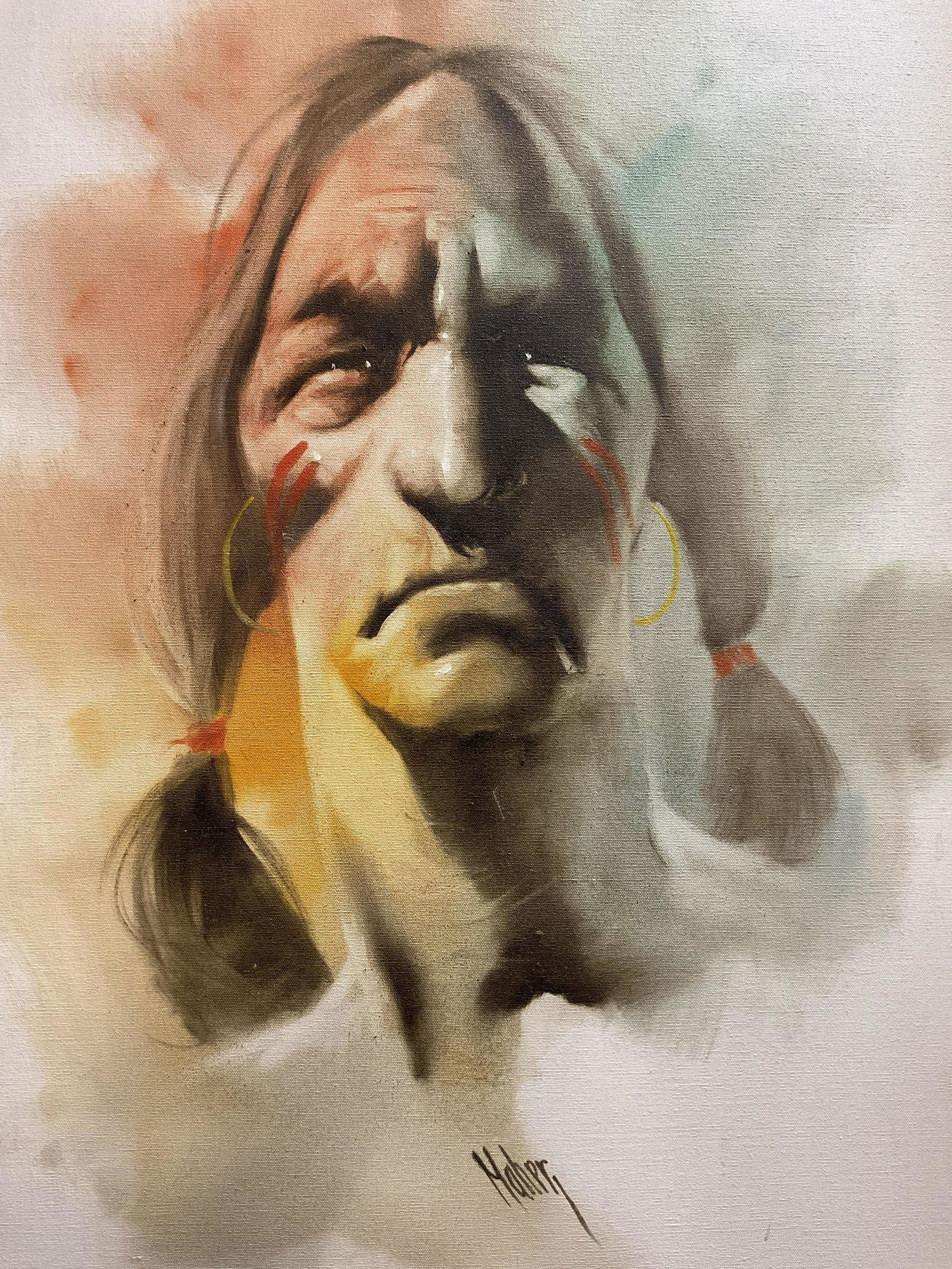 MAHERI Signed Oil Painting, Native Man (1 of 10)