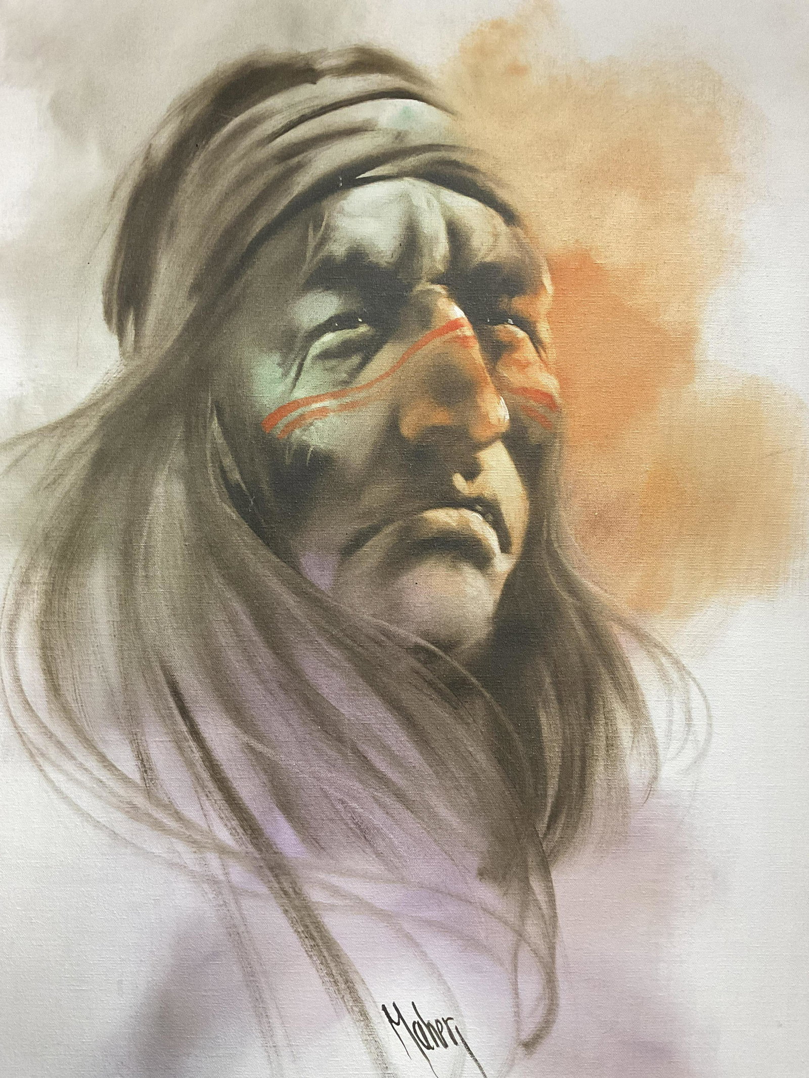 MAHERI Signed Oil Painting, Indigenous Portrait: MAHERI Signed Oil Painting, Indigenous Portrait, signature to lower right reads ‘Maheri’, subject an indigenous man with his hair tied back, measures 43 3/4 x 31 7/8 inches, wooden frame with gilt