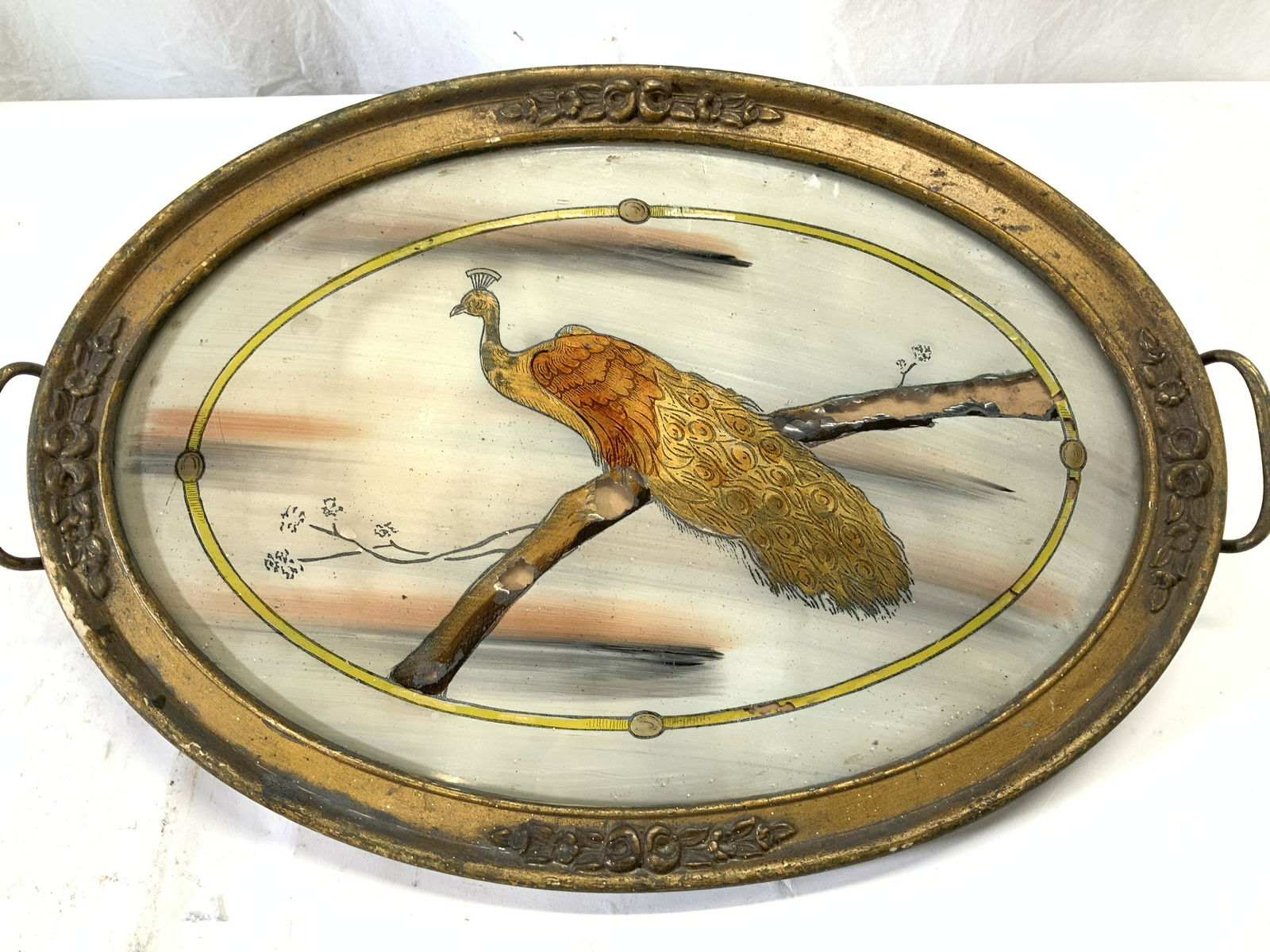 Antique Reverse Painting on Glass Tray w Peacock (1 of 6)
