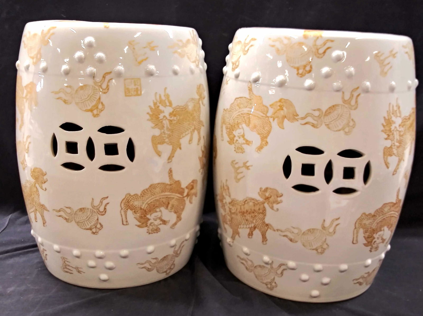 Pair Asian Painted Qilin Porcelain Garden Stools (1 of 13)