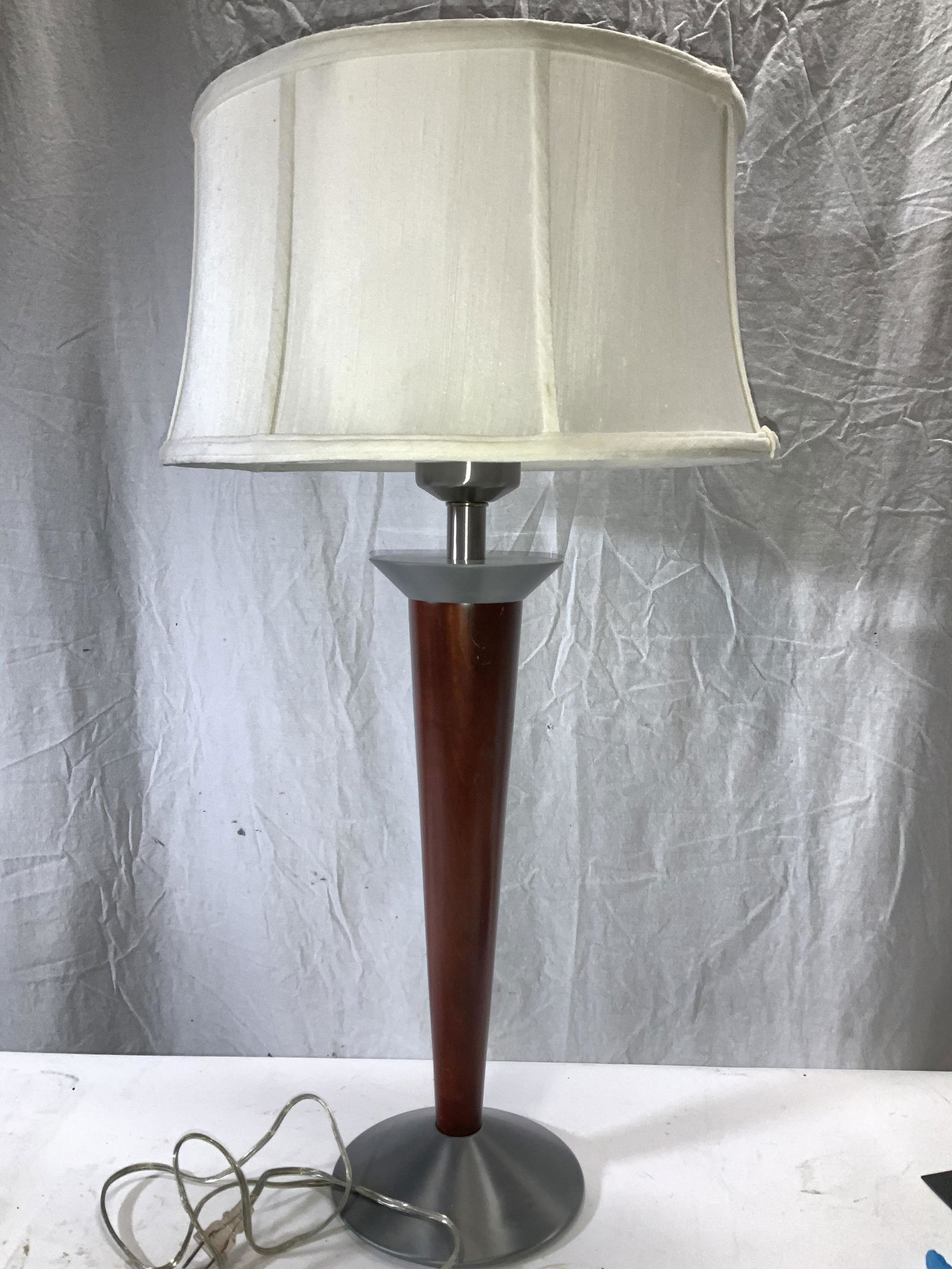 MCM BRUSHED METAL & WOOD LAMP, Silk Shade (1 of 7)