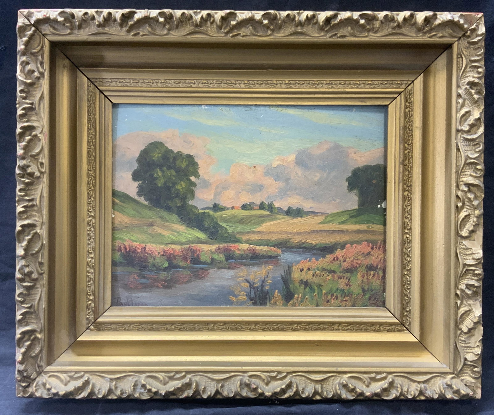 Oil On Board Evening Hour Landscape Painting: Oil On Board Evening Hour Landscape Painting, signed illegibly in lower left, subject shows impressionist landscape with cotton candy sky, in frame measures approx 14 3/4 x 17 3/4 in., ornate gold ton