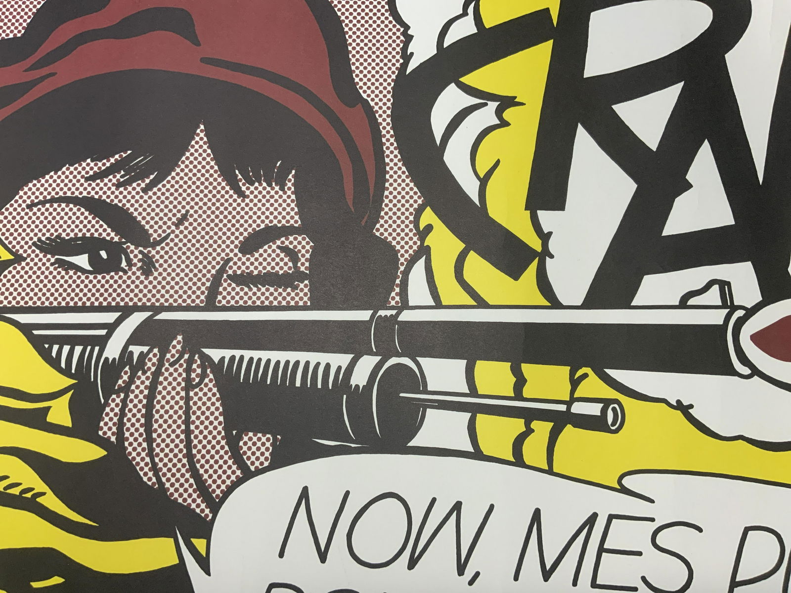 ATTR ROY LICHTENSTEIN Crak! Signed Lithograph: ATTR ROY LICHTENSTEIN Crak! Signed Lithograph, signature to lower right reads Roy Lichtenstein, captioned Crak! and now, mes petites pour La france!, subject shows woman firing a gun, measures approx