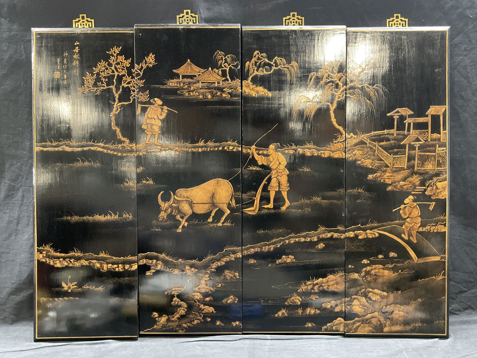 Set 4 Antique Chinese Lacquer Wall Panels (1 of 10)