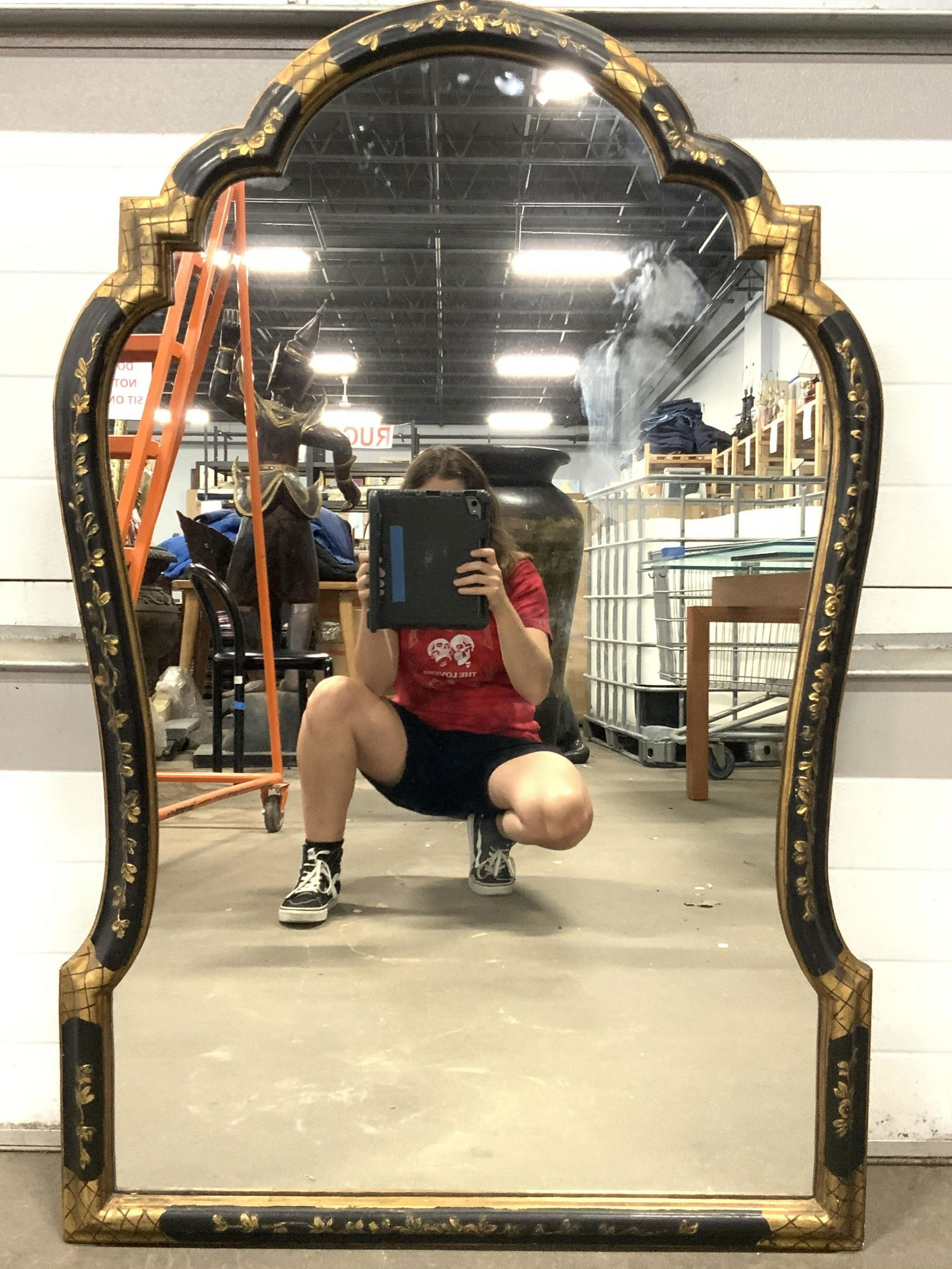 L Antique Black Lacquer & Gold Asian Wall Mirror (1 of 8)