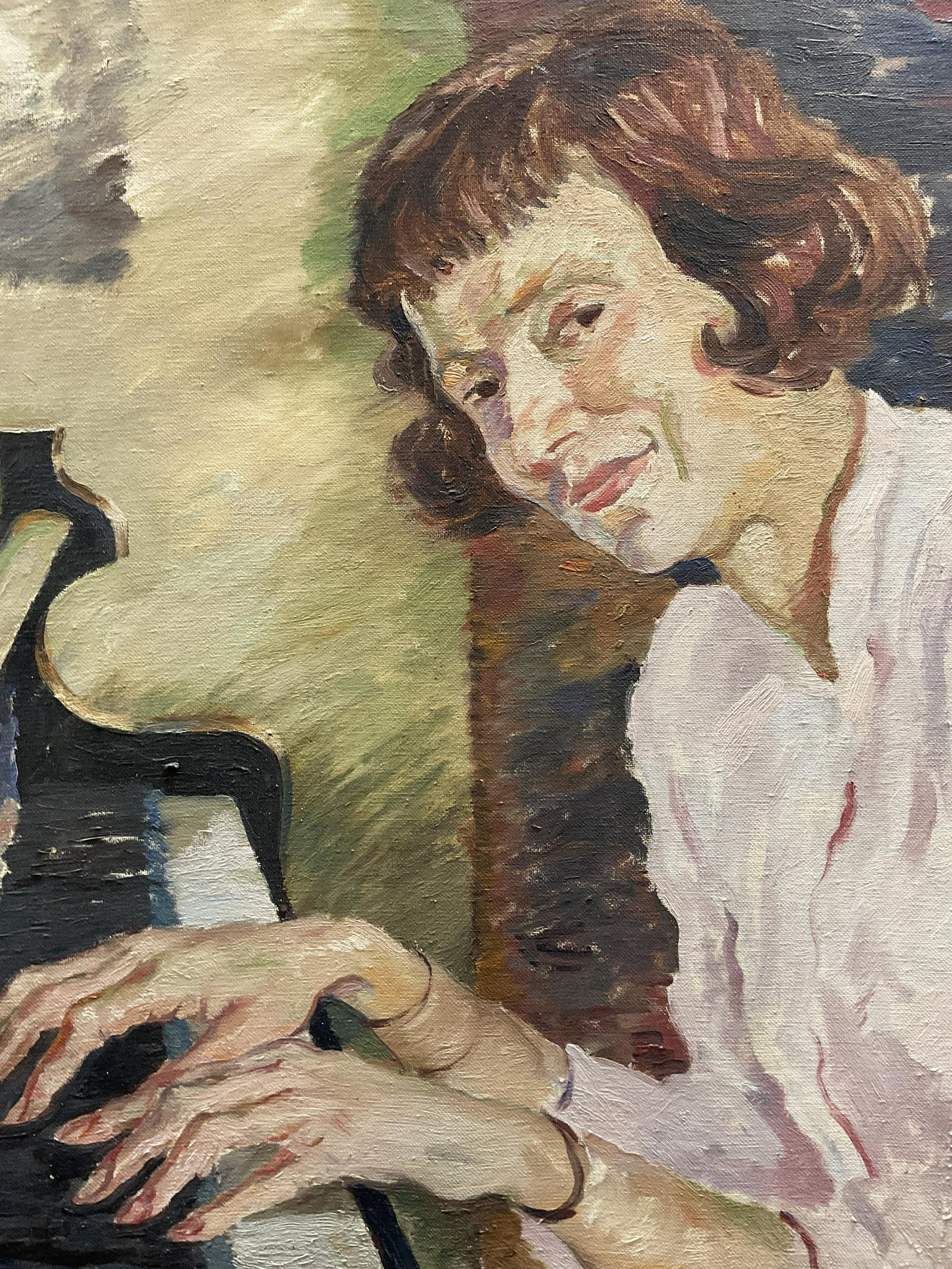 Oil Painting of a Woman Playing Piano: Oil Painting of a Woman Playing Piano, no apparent inscriptions or signatures, subject a woman playing the piano, measures 23 5/8 x 19 3/4 inches, exposed canvas to reverse, some impact marks to canva