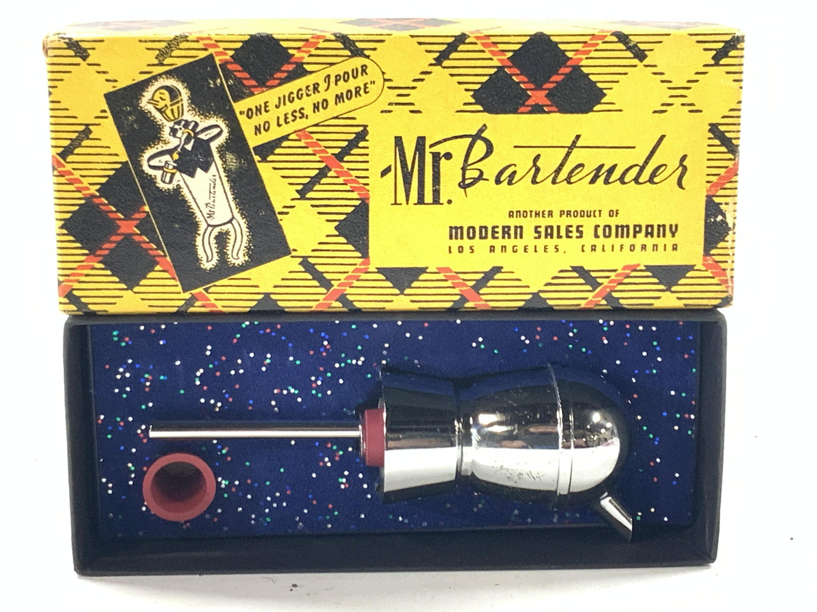 Vintage MR BARTENDER In Org. Box: Vintage Mr.Bartender in original yellow plaid box, depicting a rendition of Mr.Bartender in a vest and apron mixing drinks. Box lid reads Mr.Bartender Another product of Modern Sales Company, Los Ange