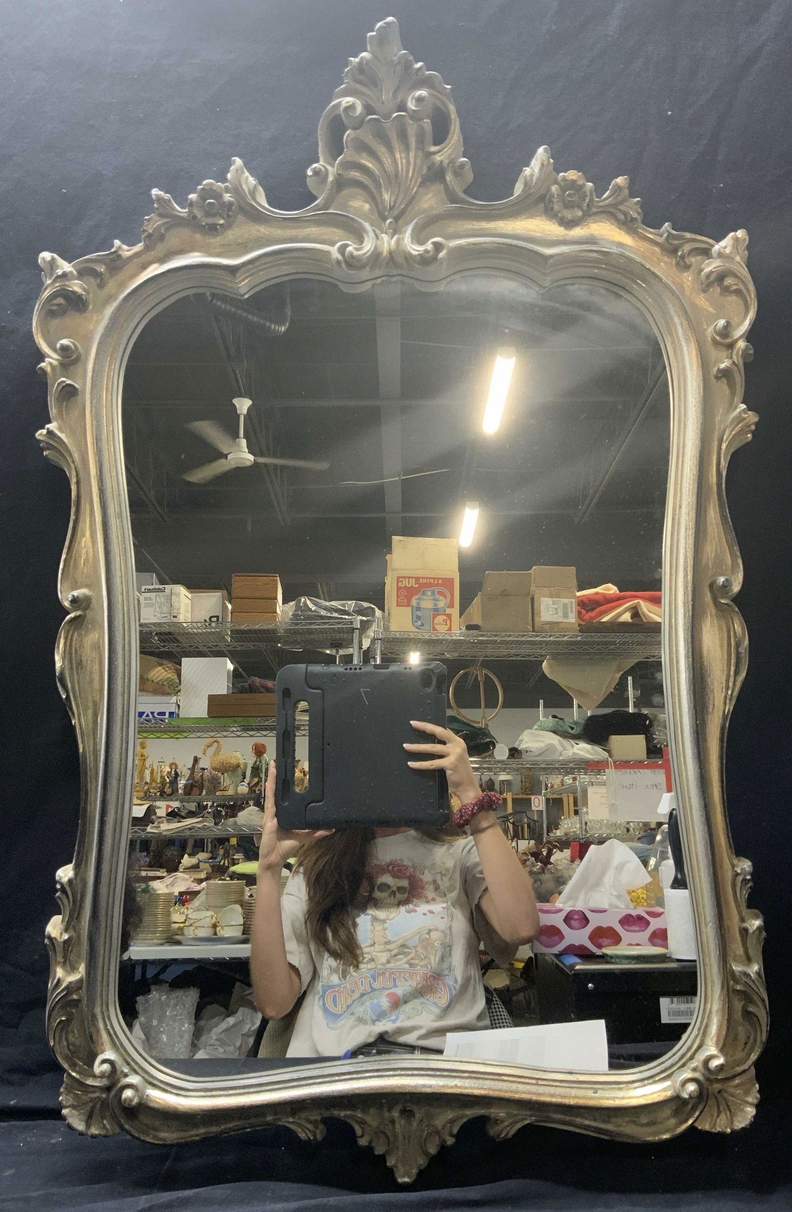 Ornate Brassy Silver Toned Art Nouveau Mirror (1 of 8)