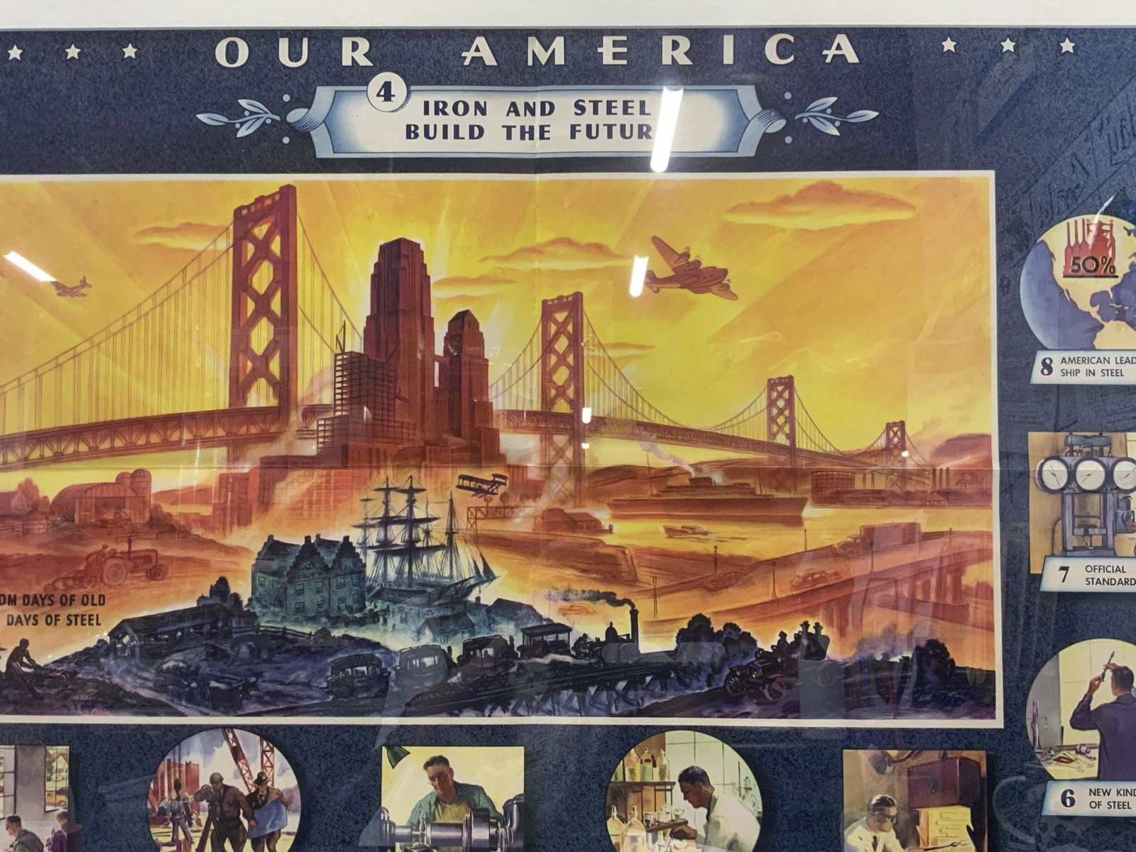 Our America Iron & Steel Build The Future Litho.: Our America Iron & Steel Build The Future Lithograph, series by Coca-Cola, inscribed From days of old to days of steel, captions regarding steel making, subject shows old fashion infrastructure in col