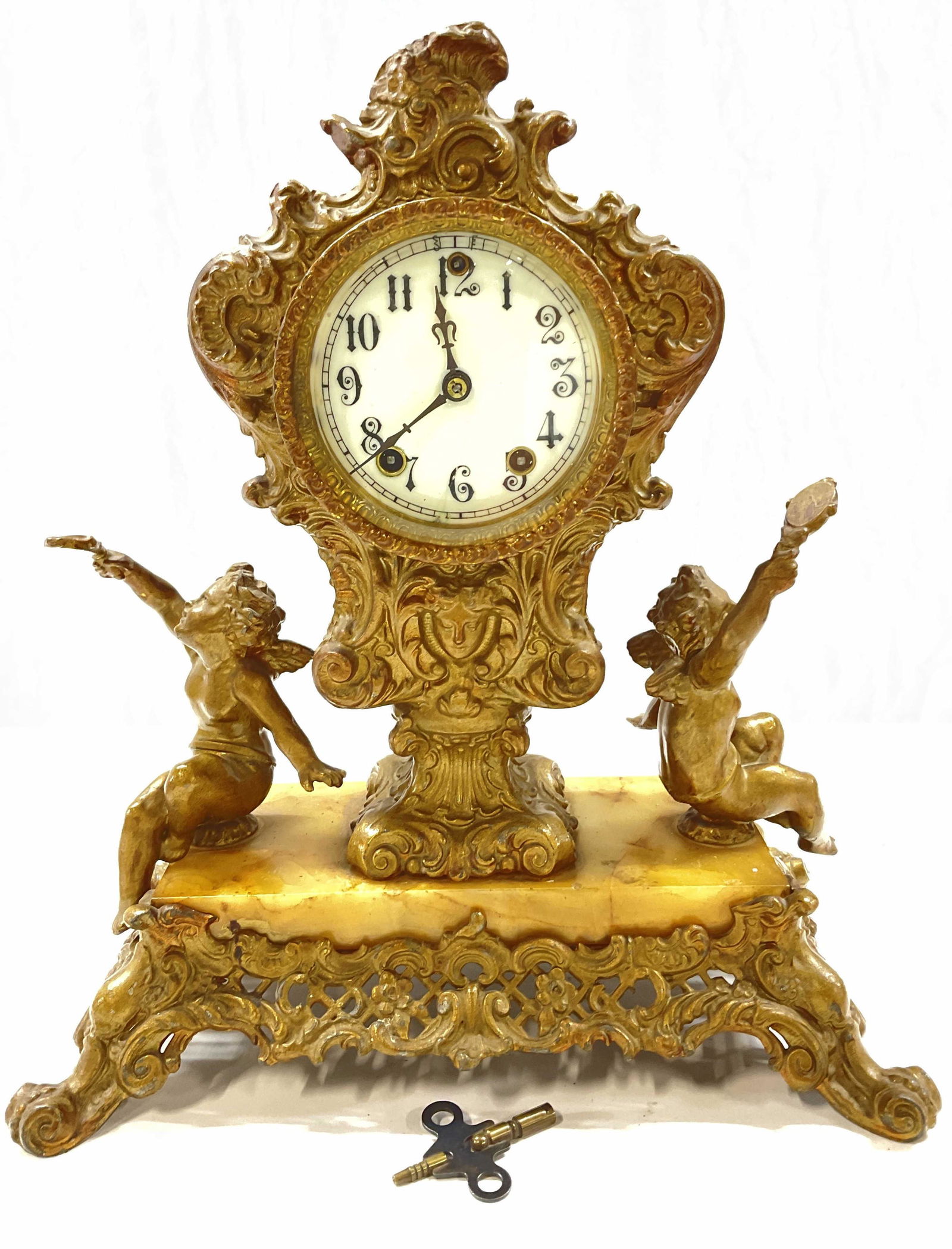 Brass Ornate Mantle Clock W Marble Base,USA (1 of 10)